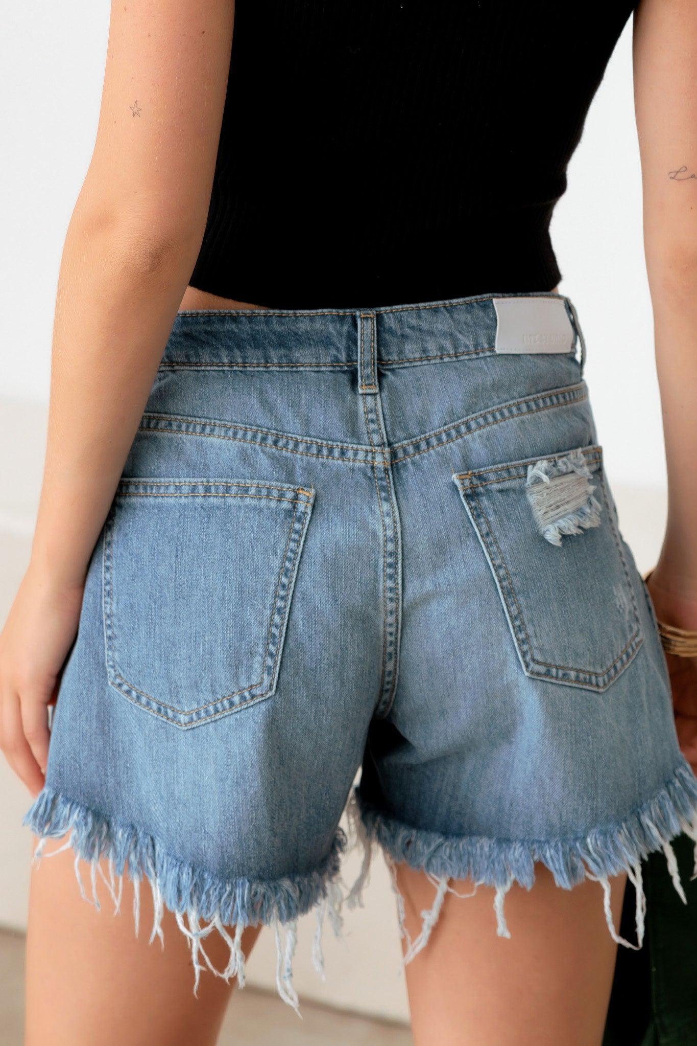 Mid Waist Side Slit Destroyed Denim Shorts - Tasha Apparel Wholesale