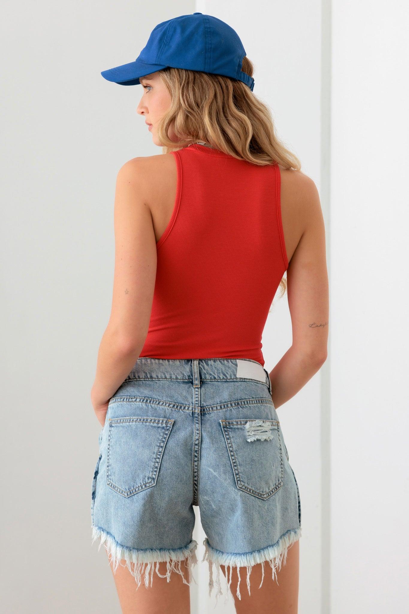 Mid Waist Side Slit Destroyed Denim Shorts - Tasha Apparel Wholesale