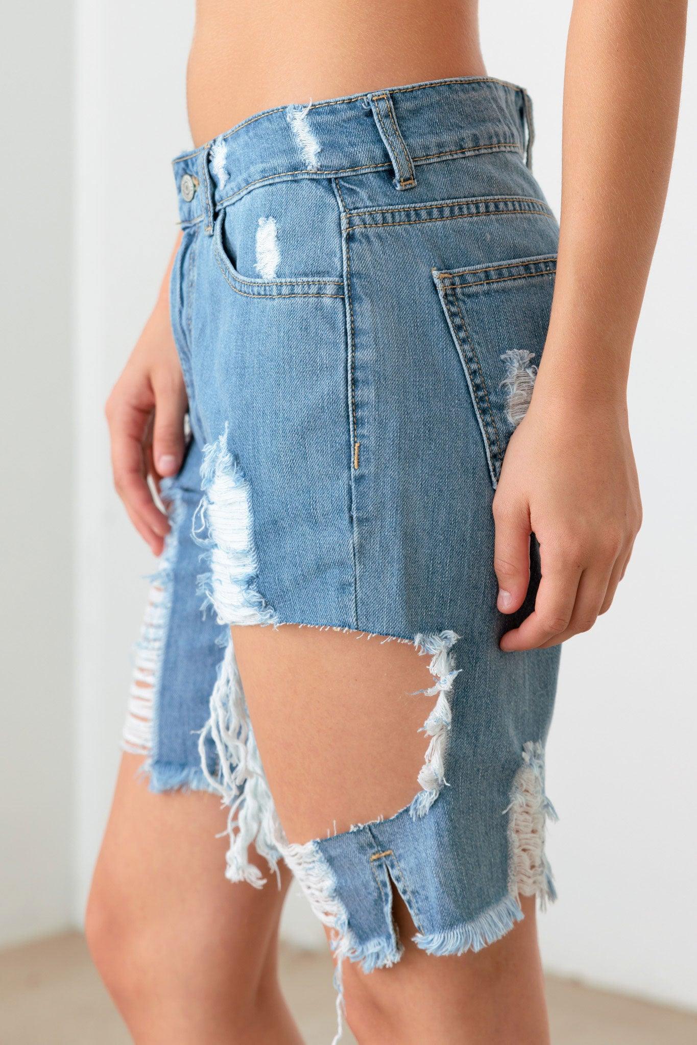 Distressing High-Rise Relaxed fit Denim Capri Shorts - Tasha Apparel Wholesale