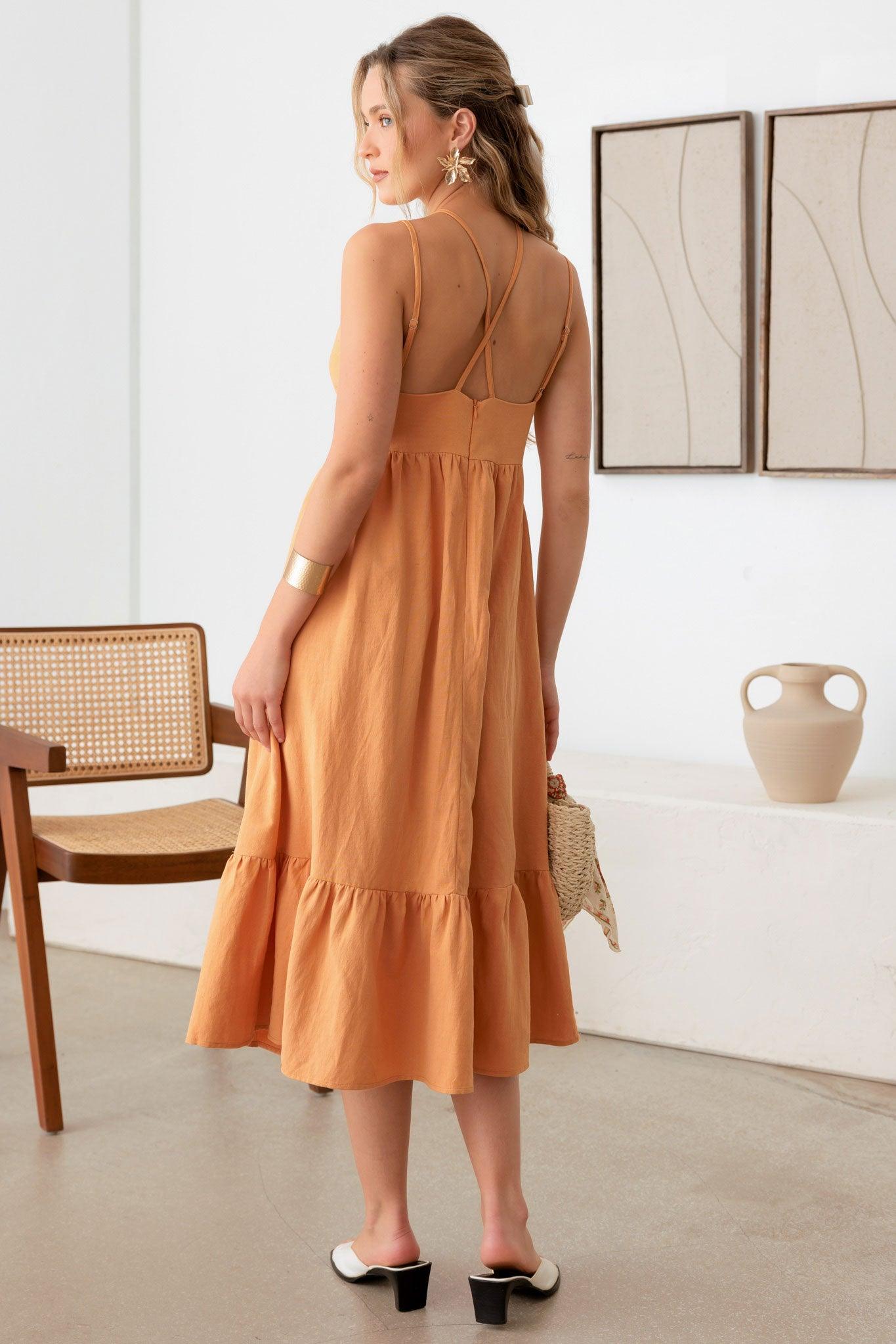 Linen Double Spaghetti Tiered Midi Dress - Tasha Apparel Wholesale