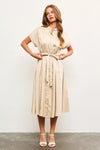 Button Down Belted Flowy Wide Cap Sleeves Midi Dress