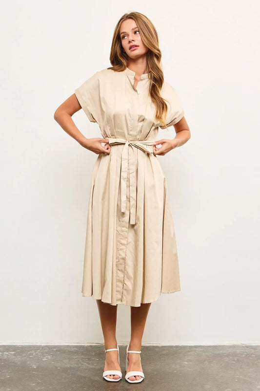 Button Down Belted Flowy Wide Cap Sleeves Midi Dress