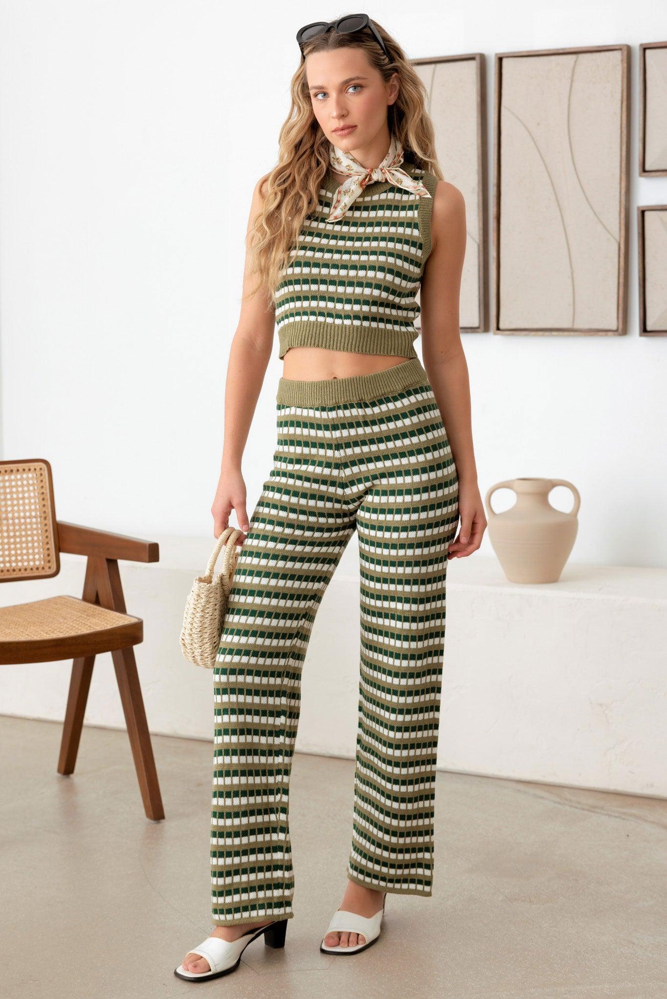 Stripe Crochet Sweater Vest & High Waisted Pants Set - Tasha Apparel Wholesale