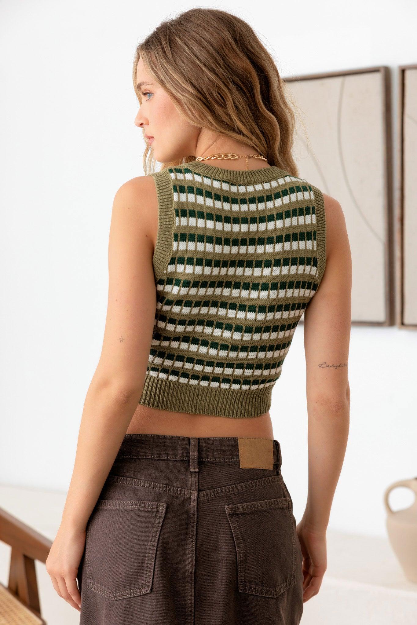 Stripe Round Neck Crochet Effect Sweater Vest Top - Tasha Apparel Wholesale