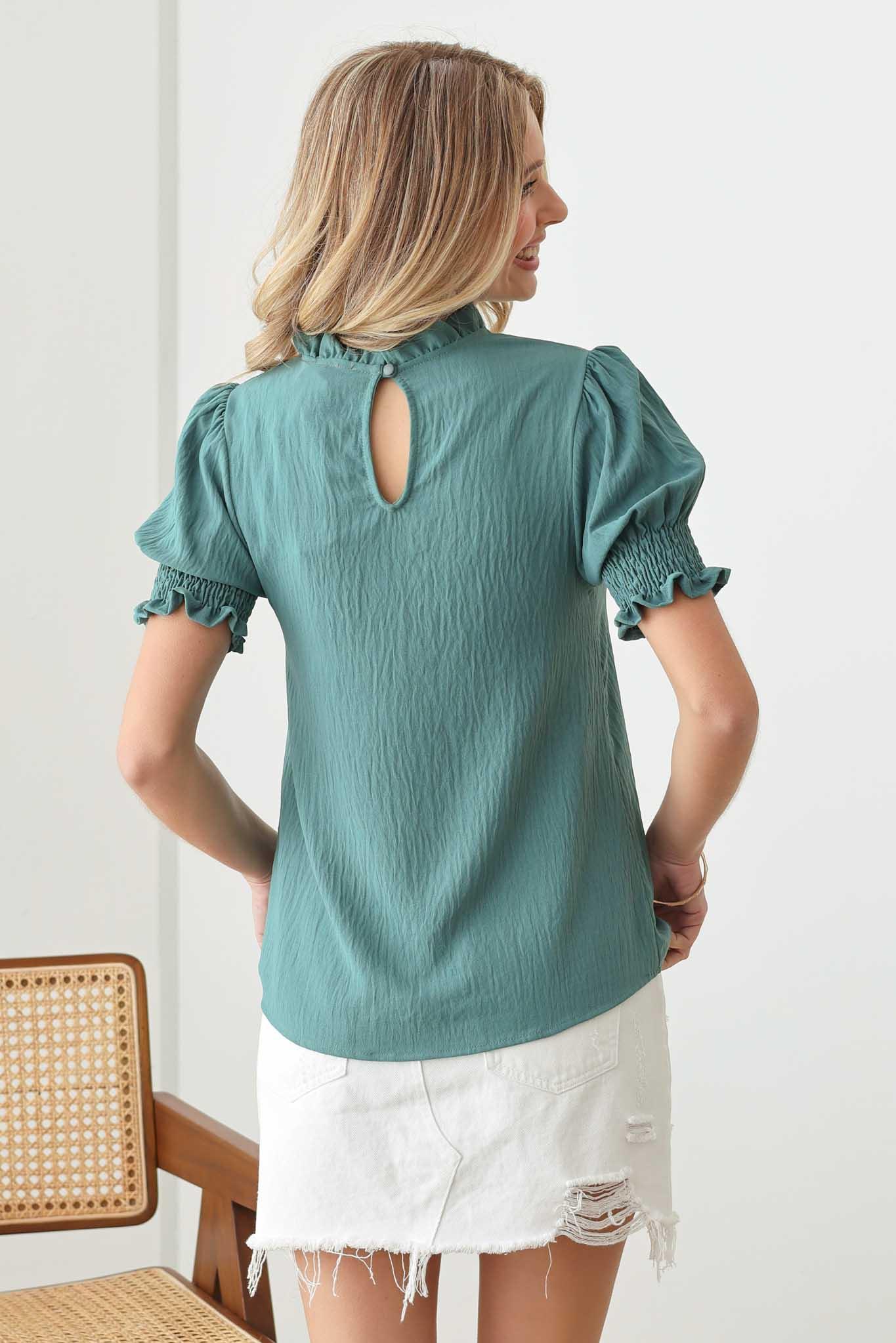 Boho Smocking Puff Sleeve Ruffle Neck Line Top - Tasha Apparel Wholesale