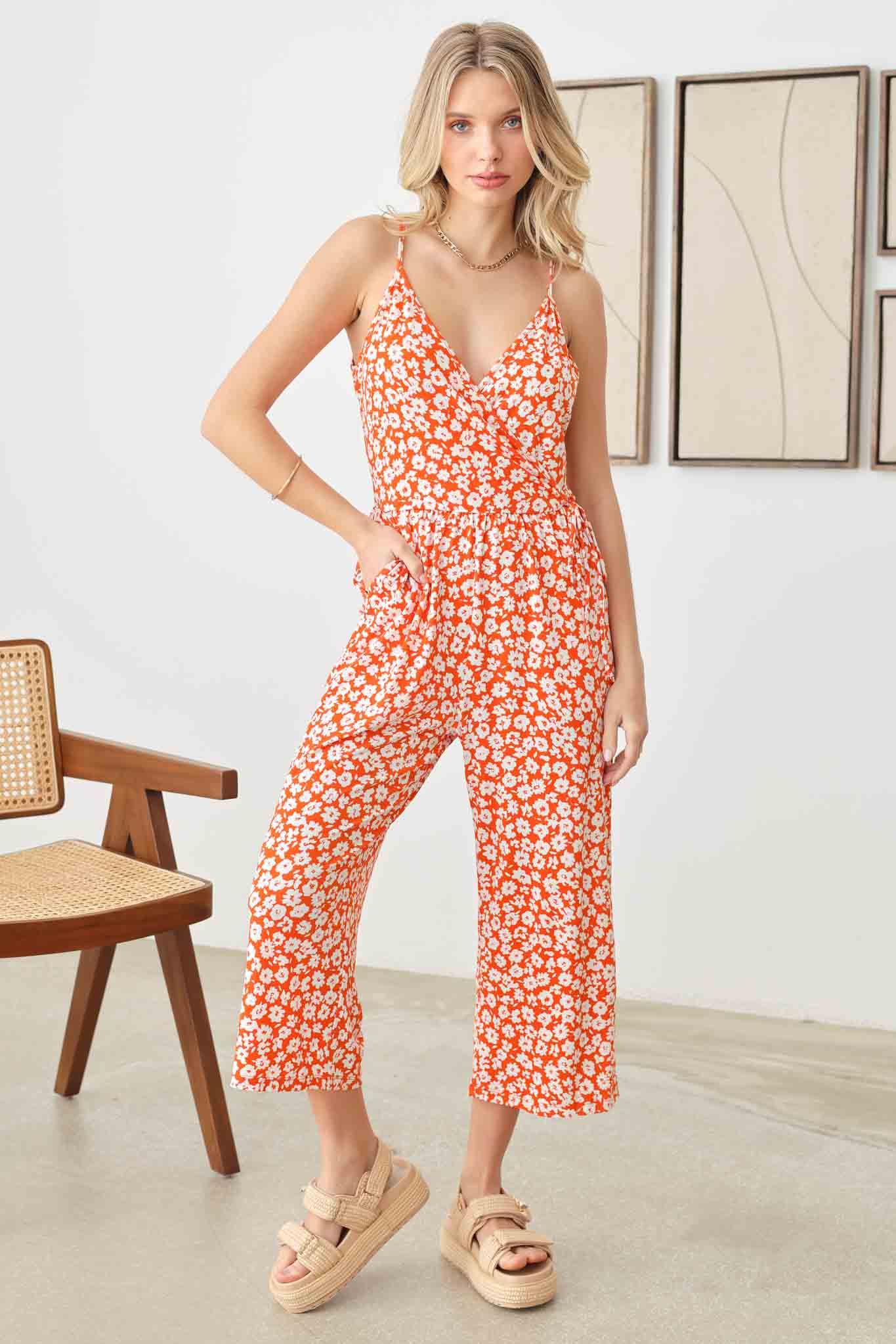 Warp Floral Print Wide Capri Leg Side Tie Jumpsuit - Tasha Apparel Wholesale