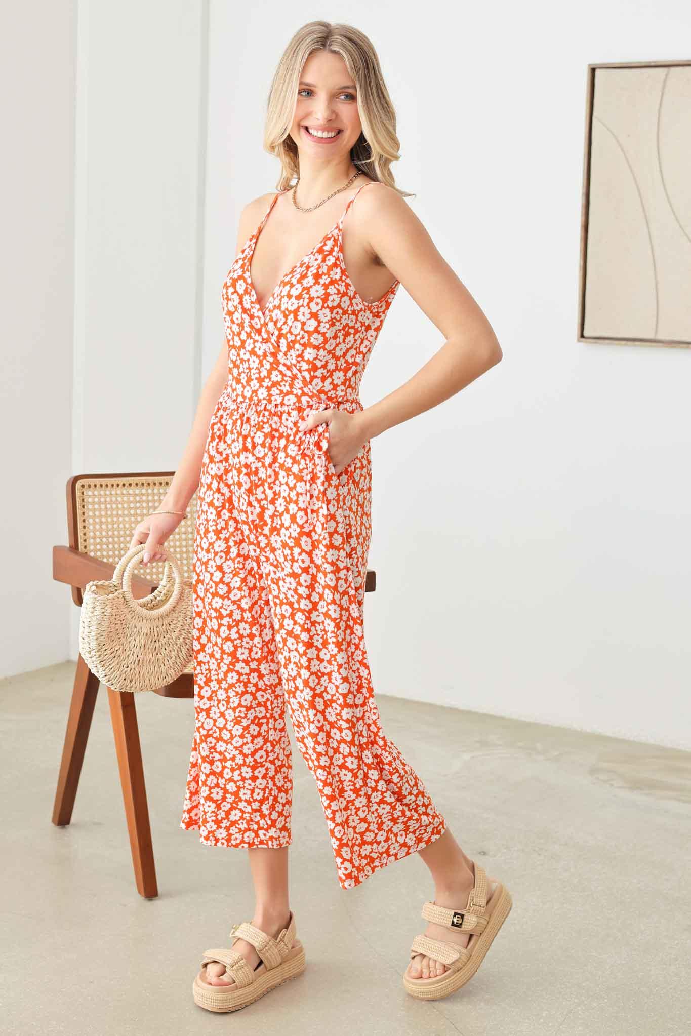 Warp Floral Print Wide Capri Leg Side Tie Jumpsuit - Tasha Apparel Wholesale