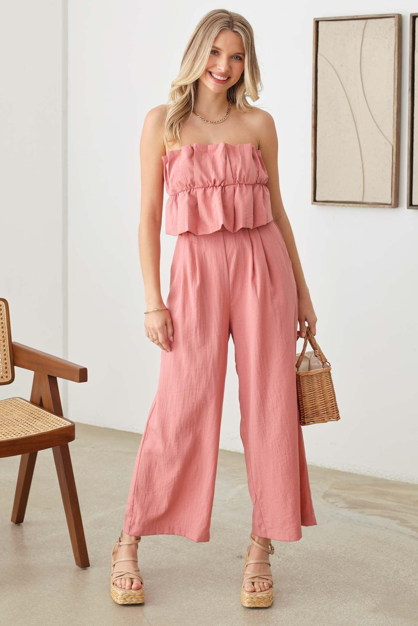 Ruffle Strapless Wide Leg Smocked Back Jumpsuit - Tasha Apparel Wholesale