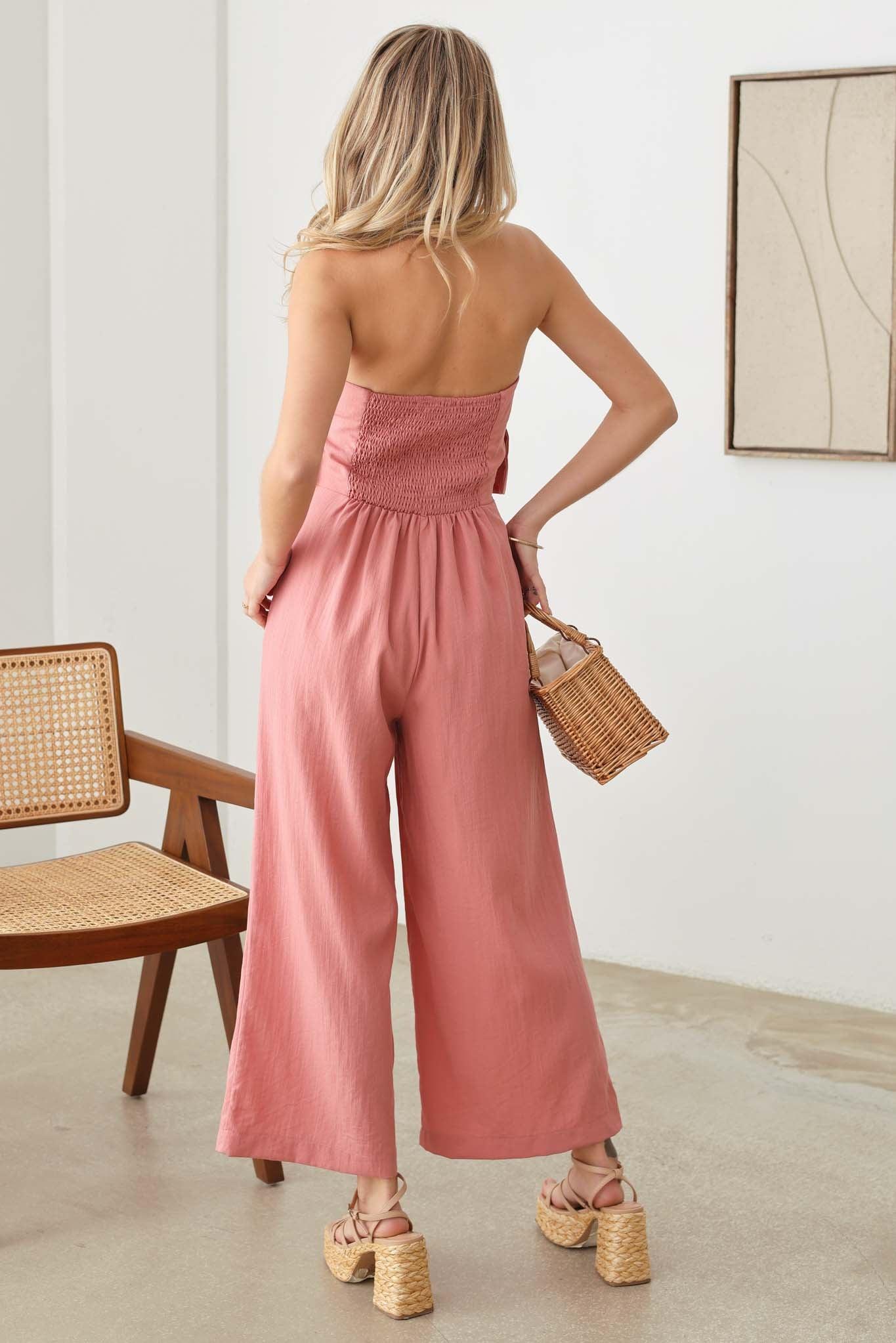 Ruffle Strapless Wide Leg Smocked Back Jumpsuit - Tasha Apparel Wholesale