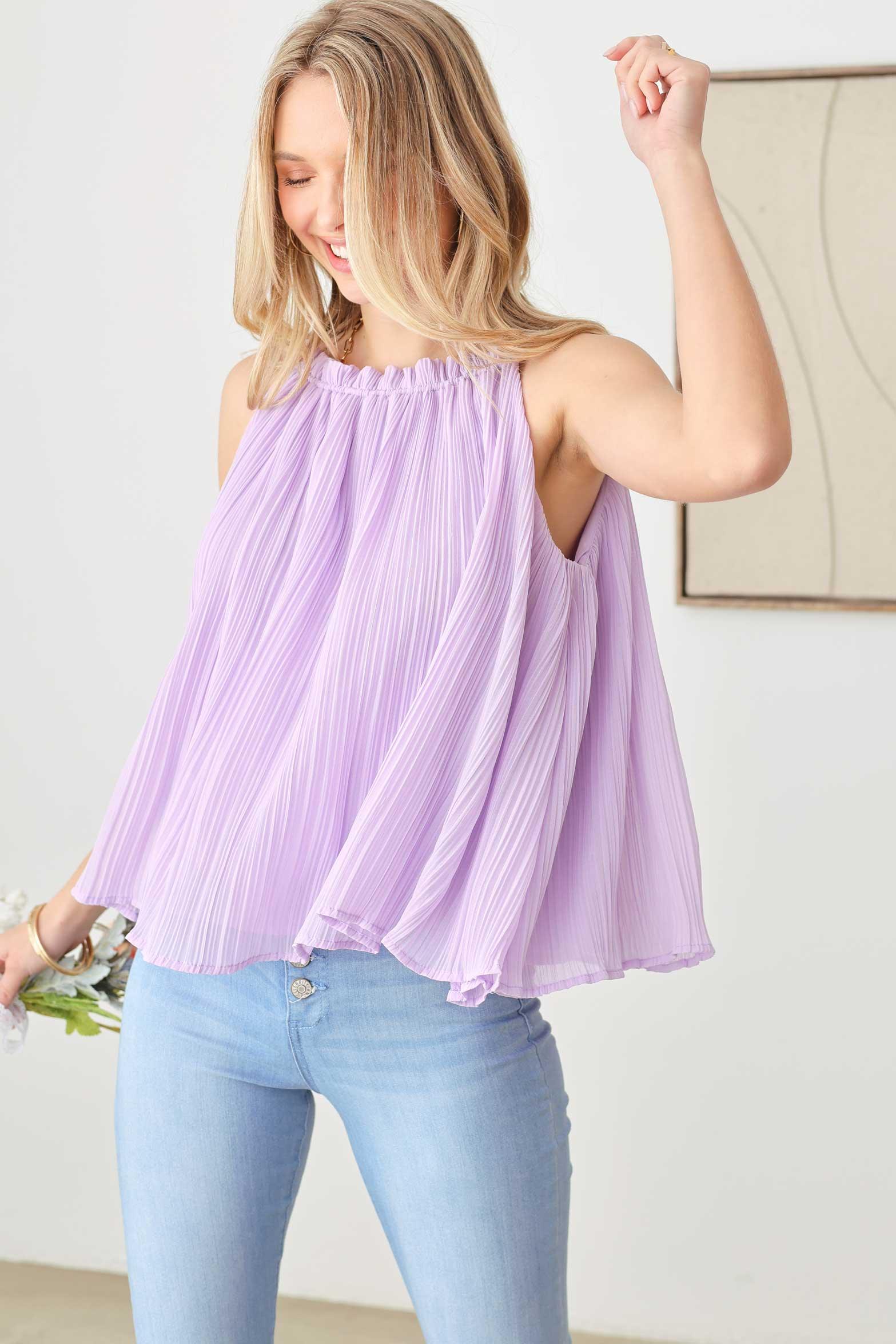 Sleeveless Chiffon High Neck Plisse Top - Tasha Apparel Wholesale