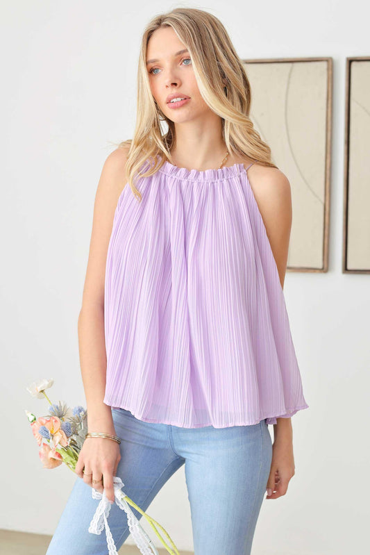 Sleeveless Chiffon High Neck Plisse Top - Tasha Apparel Wholesale