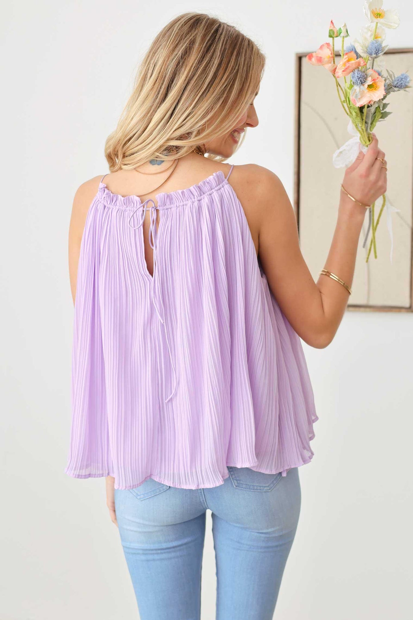 Sleeveless Chiffon High Neck Plisse Top - Tasha Apparel Wholesale