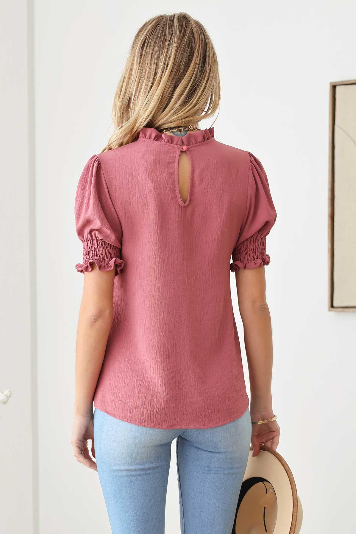 Boho Smocking Puff Sleeve Ruffle Neck Line Top - Tasha Apparel Wholesale