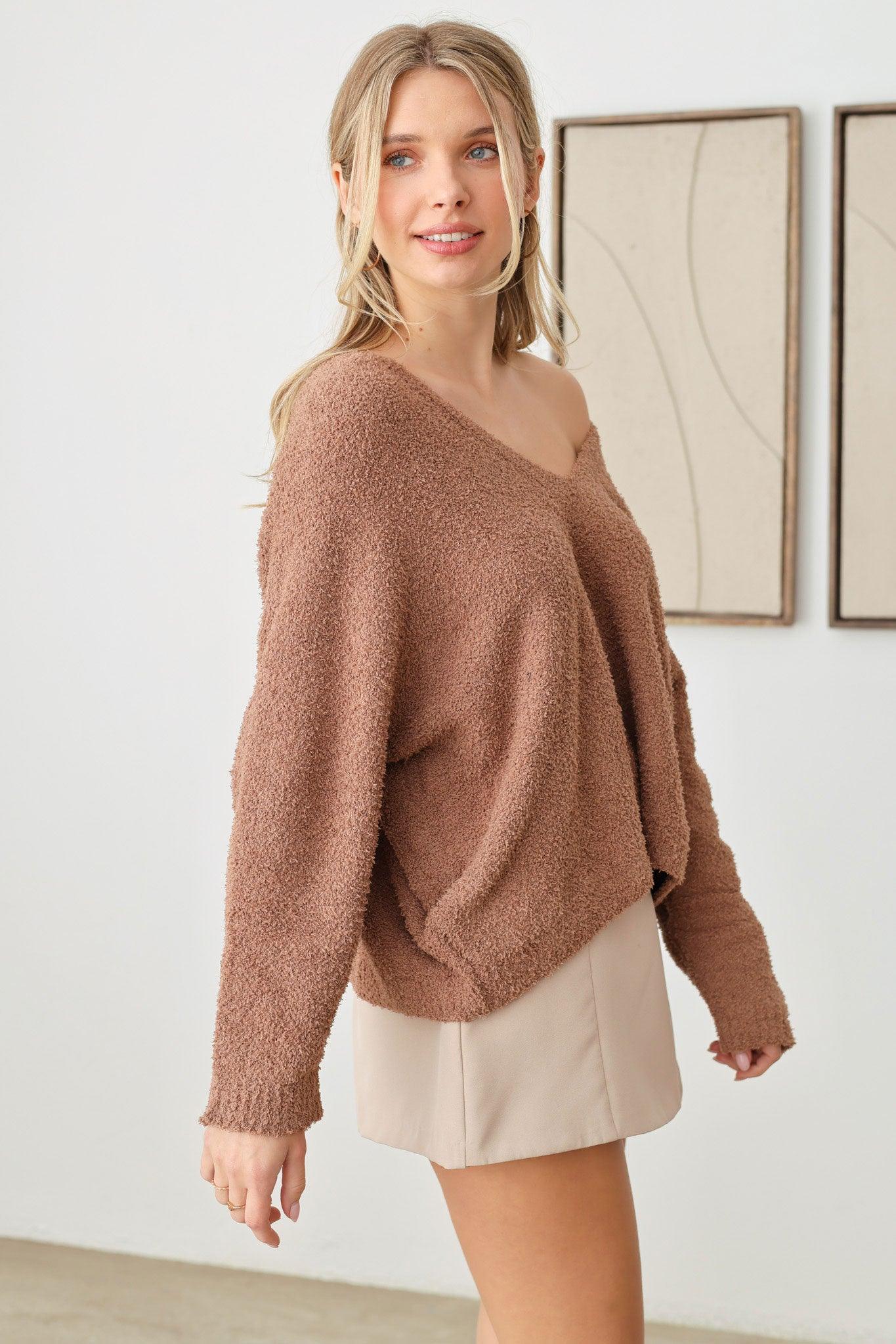 Long Sleeve V-Neck Oversized Knit Top - Tasha Apparel Wholesale