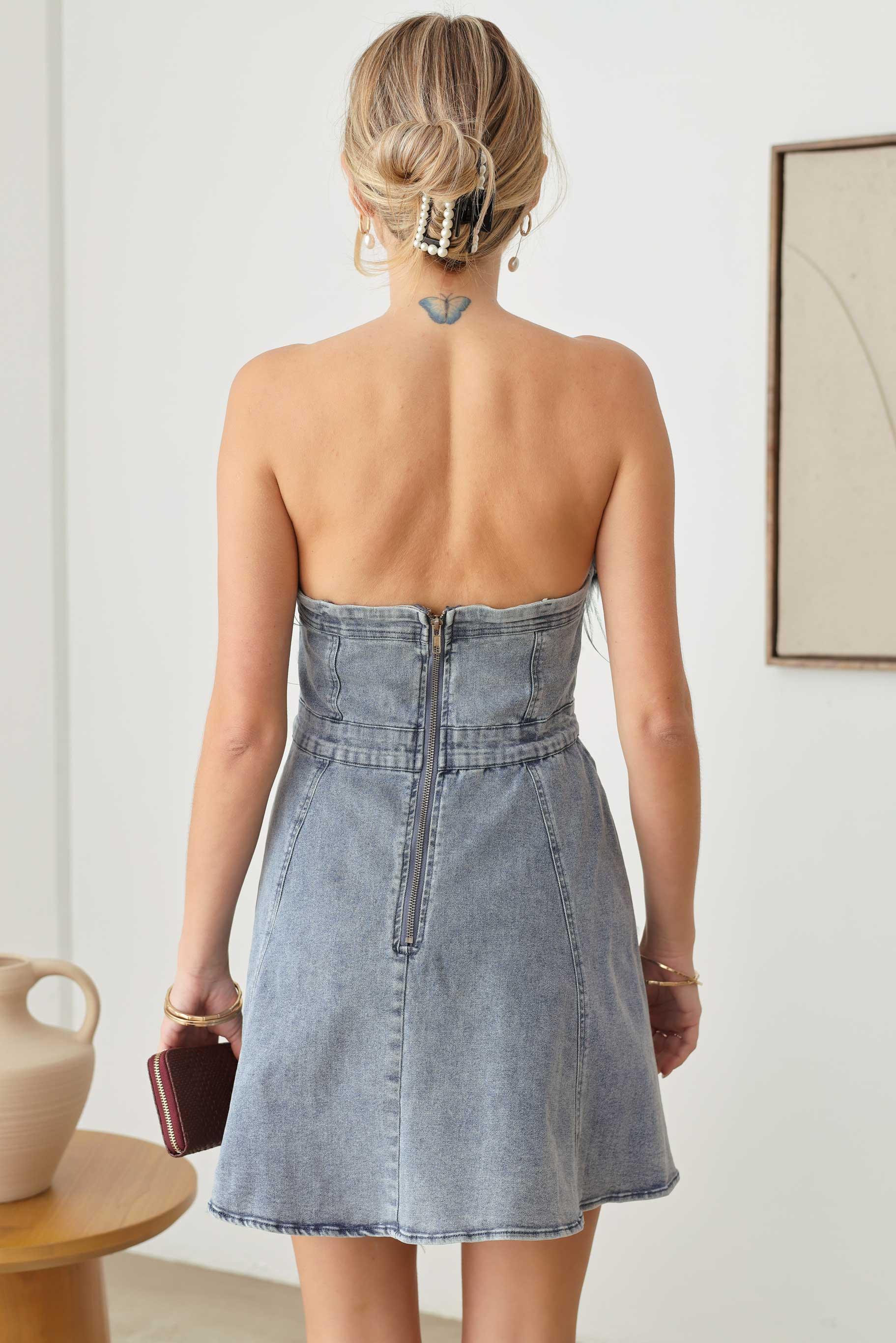 Ella Off Shoulder Ostrich Feather Trim Denim Mini Dress M / Denim