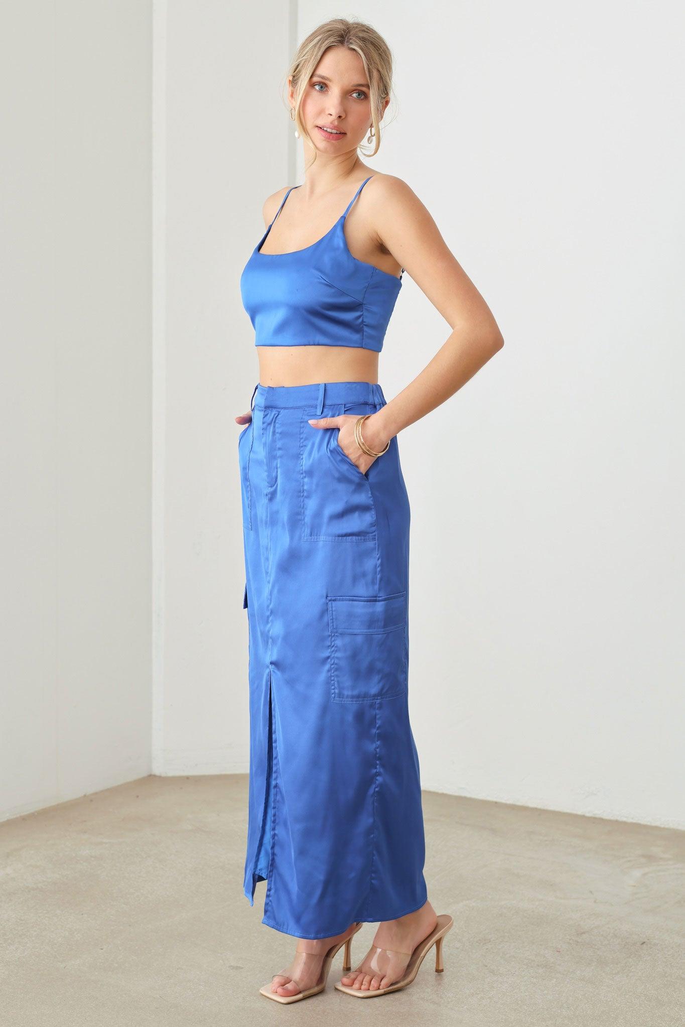 Satin Bra Top Scoop Neck Crop Top & Cargo Maxi Skirt Set - Tasha Apparel Wholesale