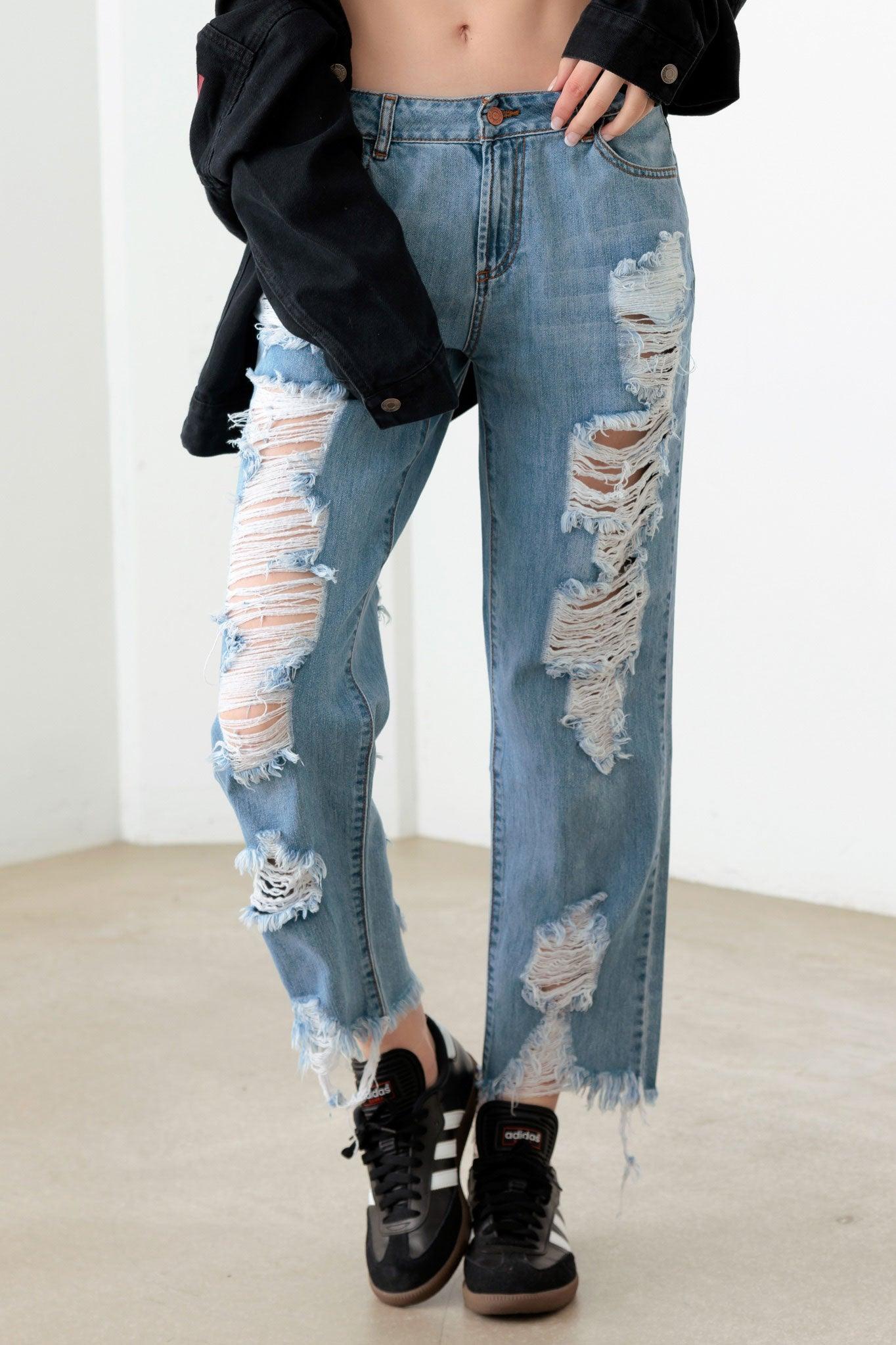 Blue Back And Front Distressed Straight Jeans - Tasha Apparel Wholesale