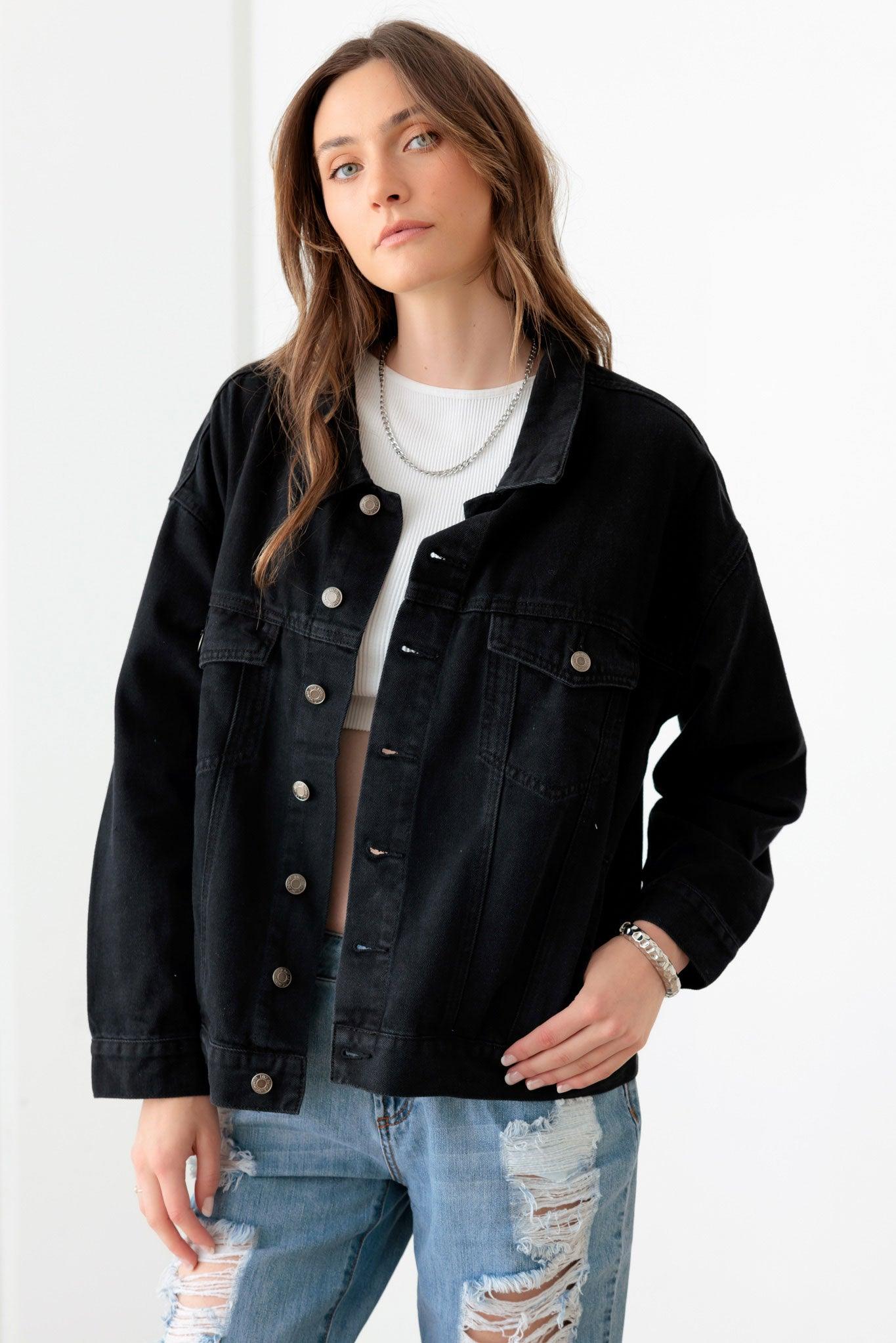 Black "EPIPHANY" Graphic Denim Jacket - Tasha Apparel Wholesale