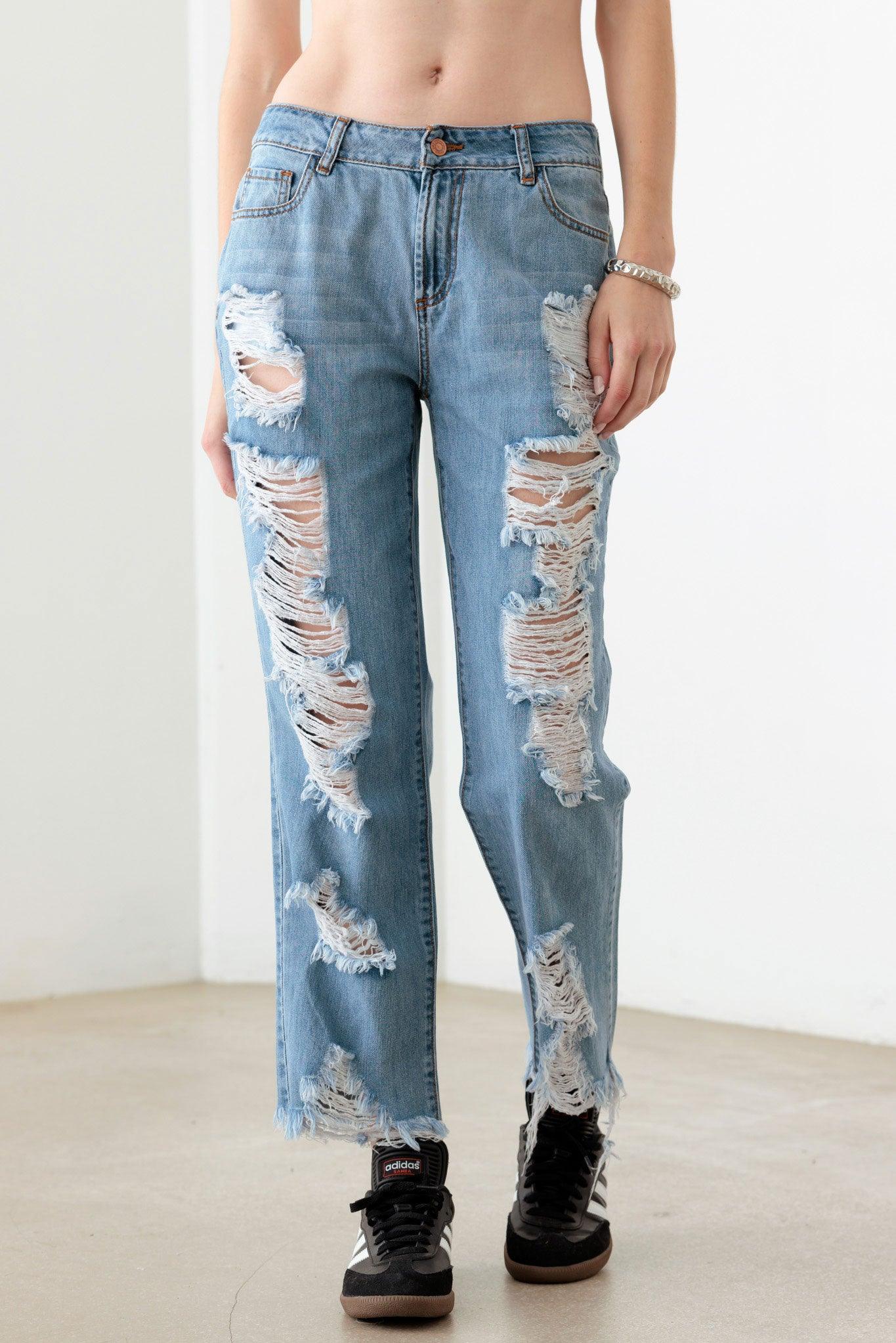 Blue Back And Front Distressed Straight Jeans - Tasha Apparel Wholesale