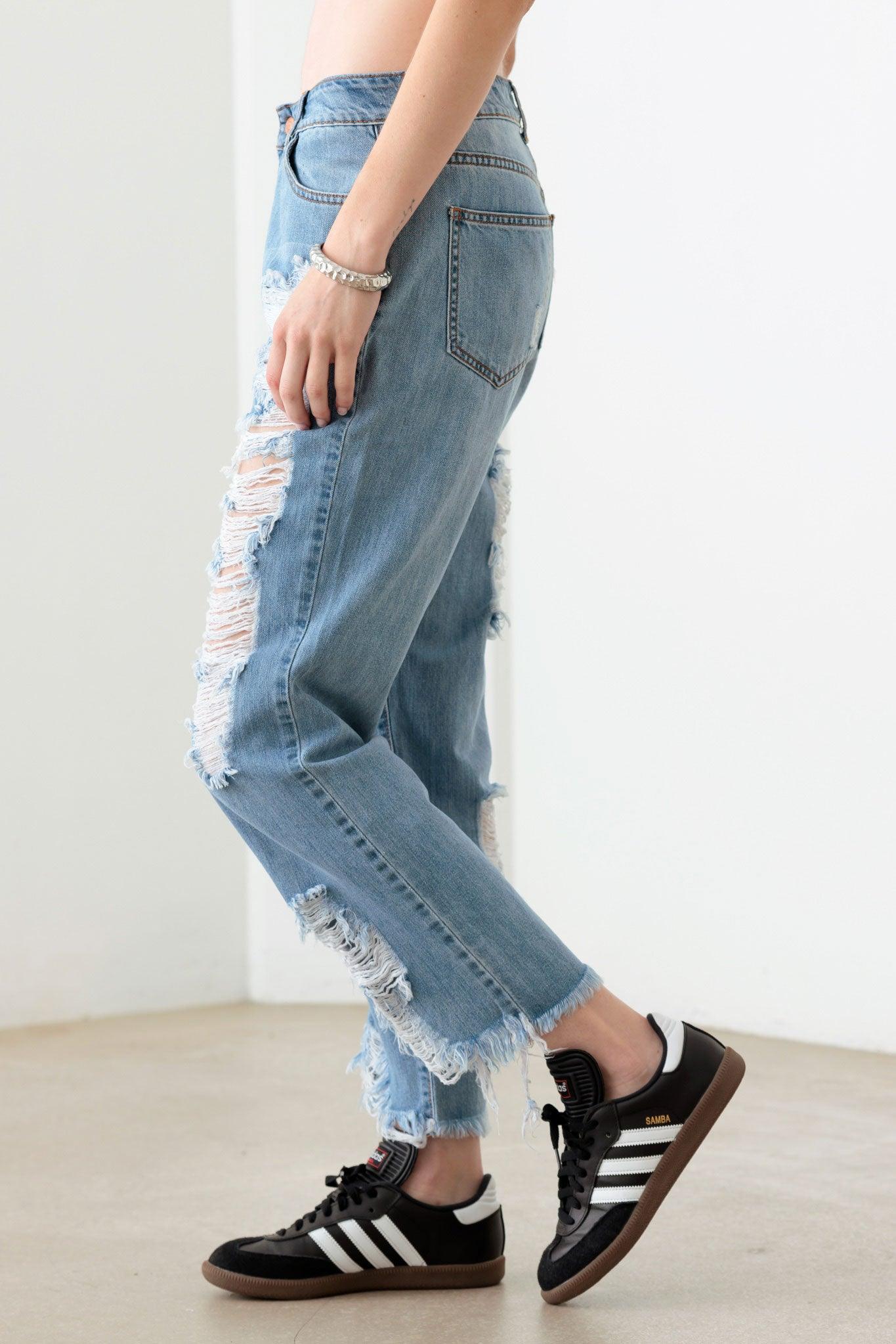 Blue Back And Front Distressed Straight Jeans - Tasha Apparel Wholesale