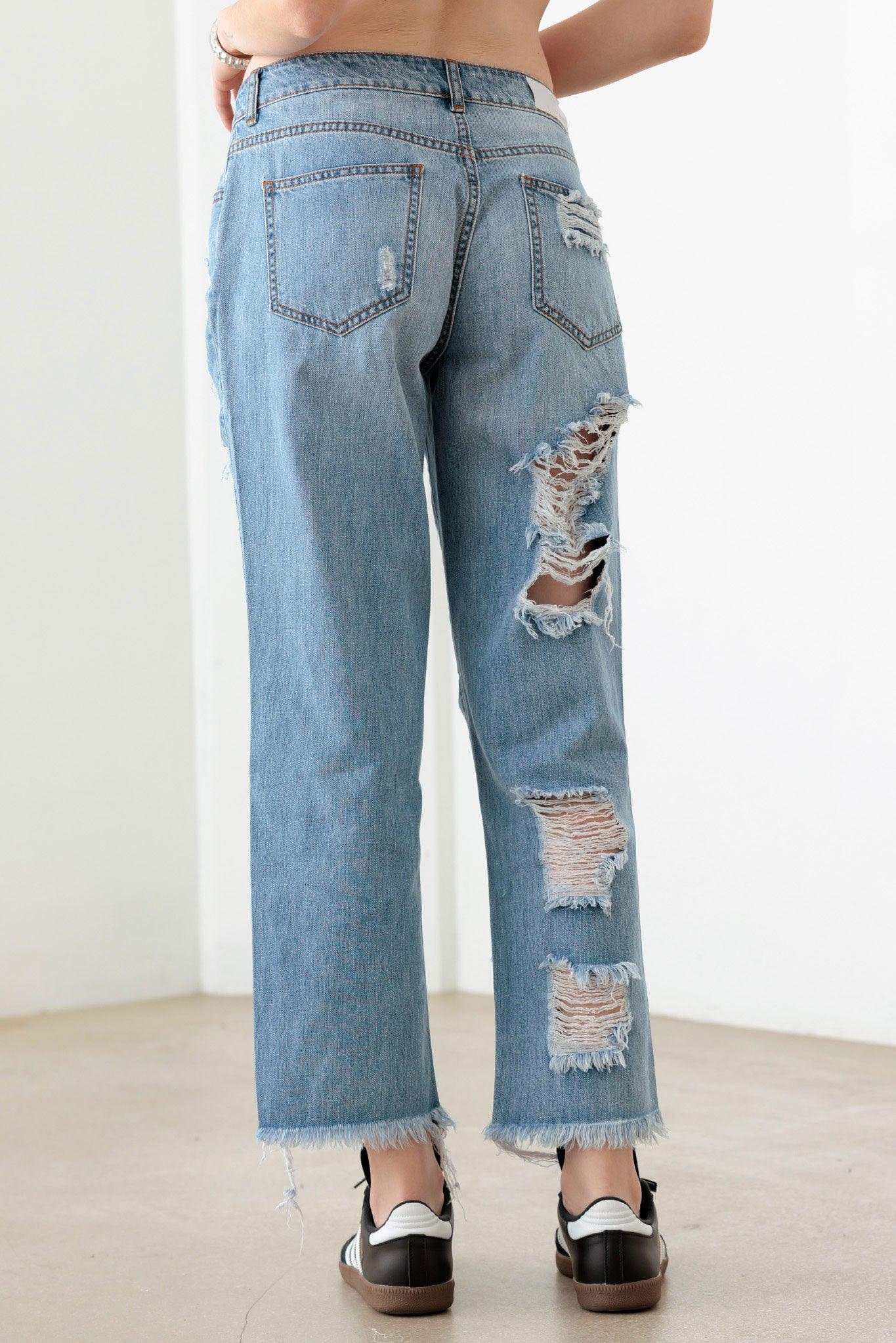 Blue Back And Front Distressed Straight Jeans - Tasha Apparel Wholesale