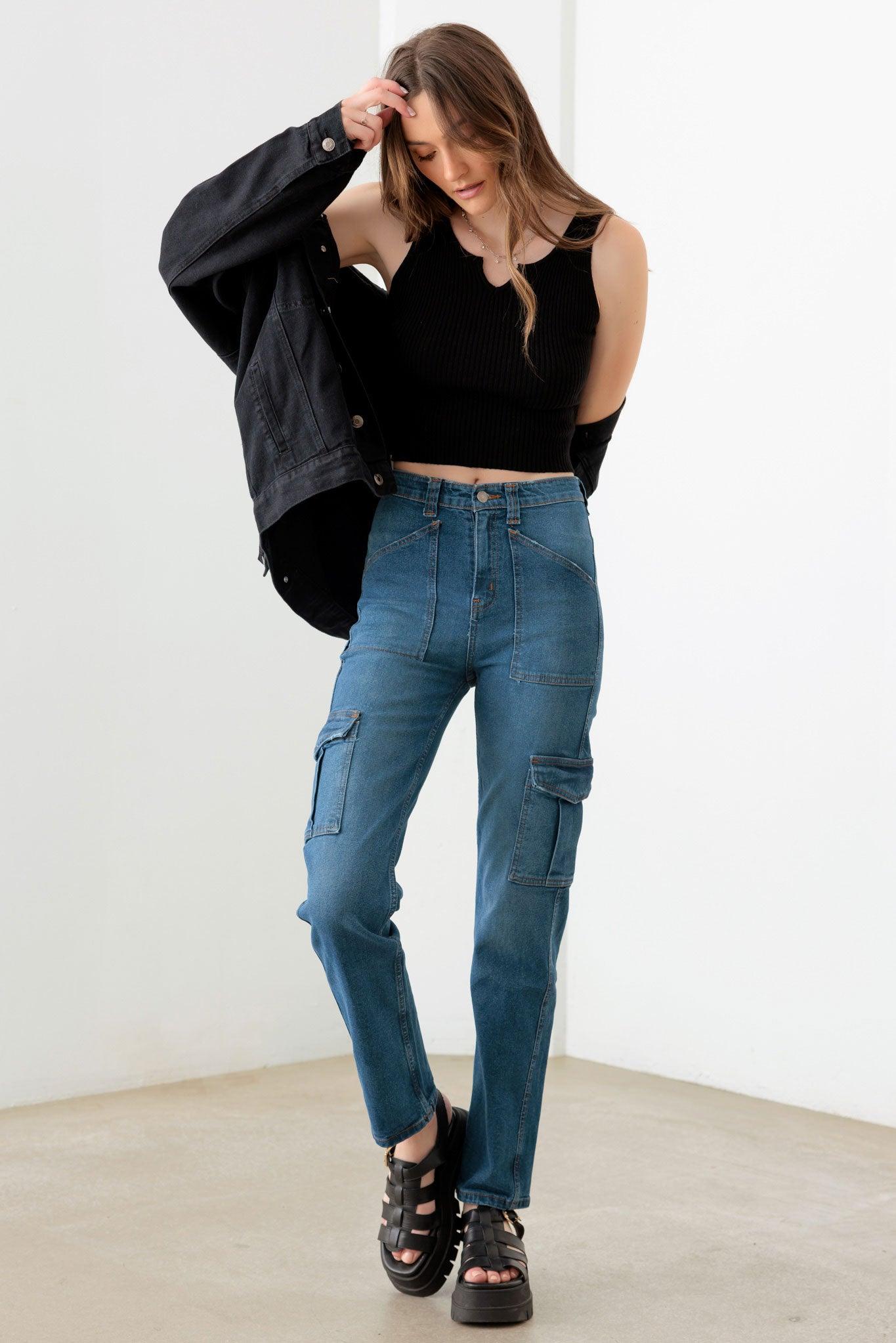 Blue High Rise Wide Cargo Jeans - Tasha Apparel Wholesale