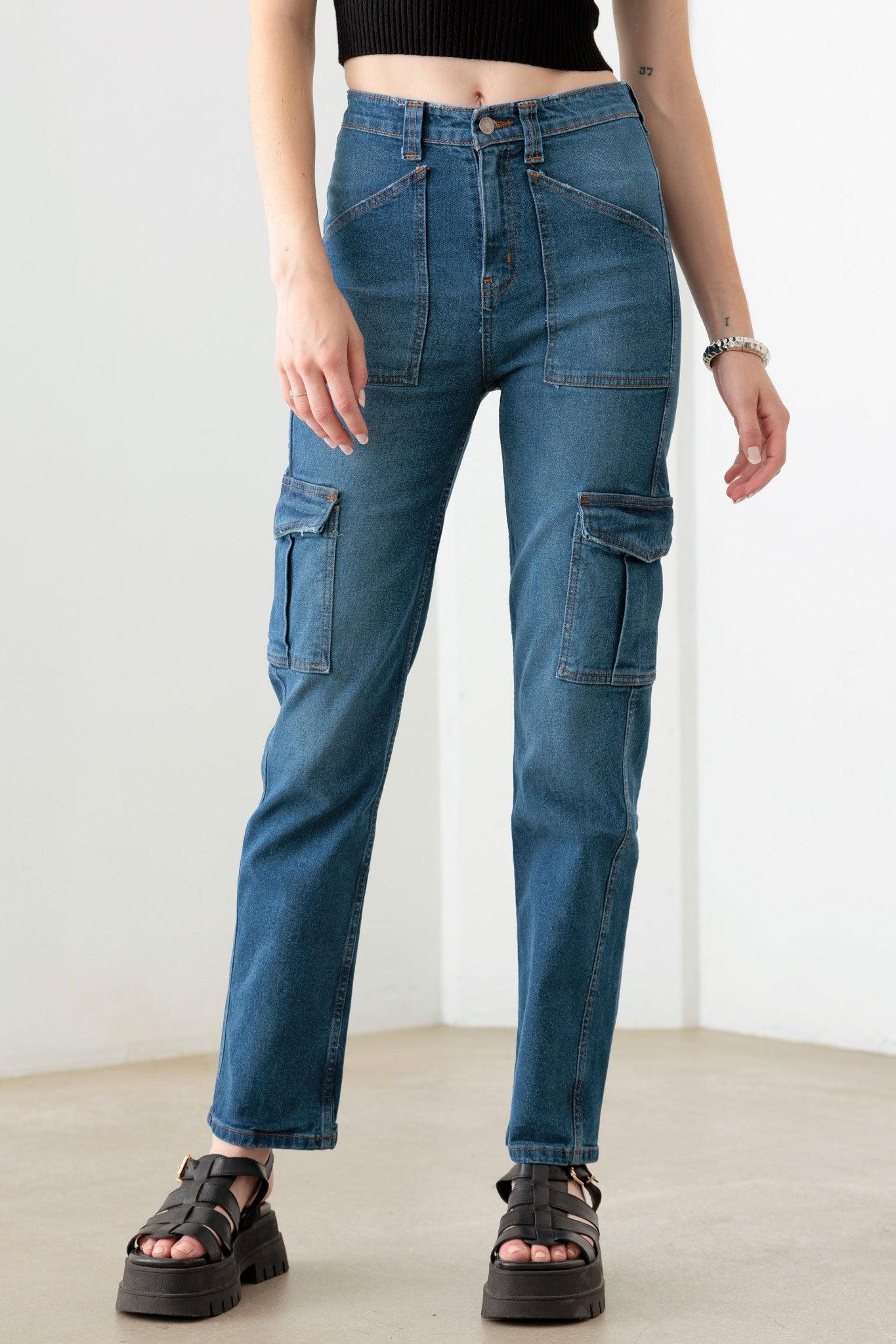 Blue High Rise Wide Cargo Jeans - Tasha Apparel Wholesale