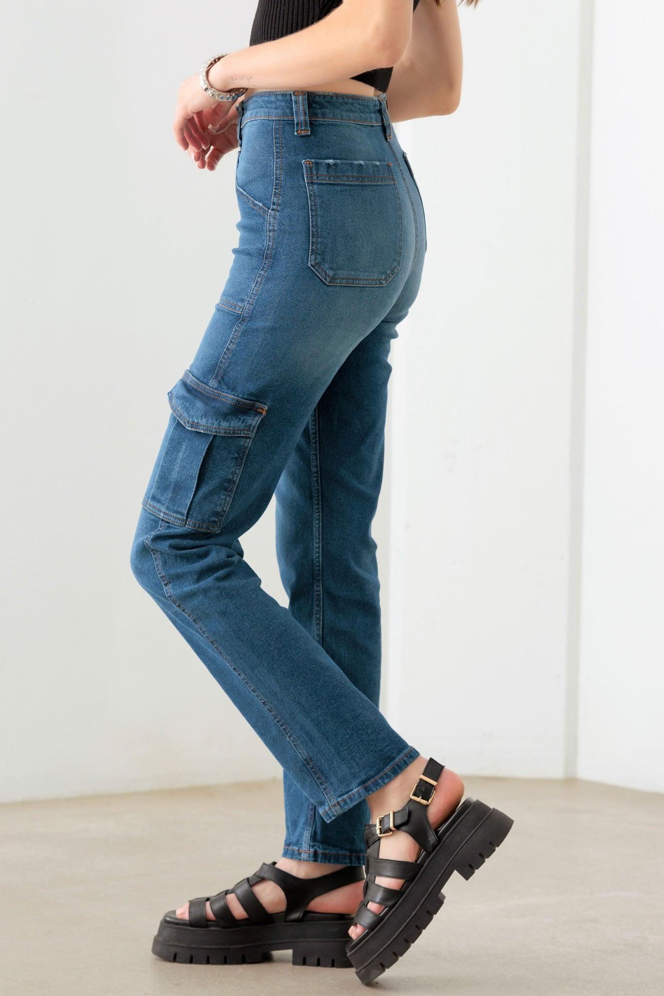 Blue High Rise Wide Cargo Jeans - Tasha Apparel Wholesale