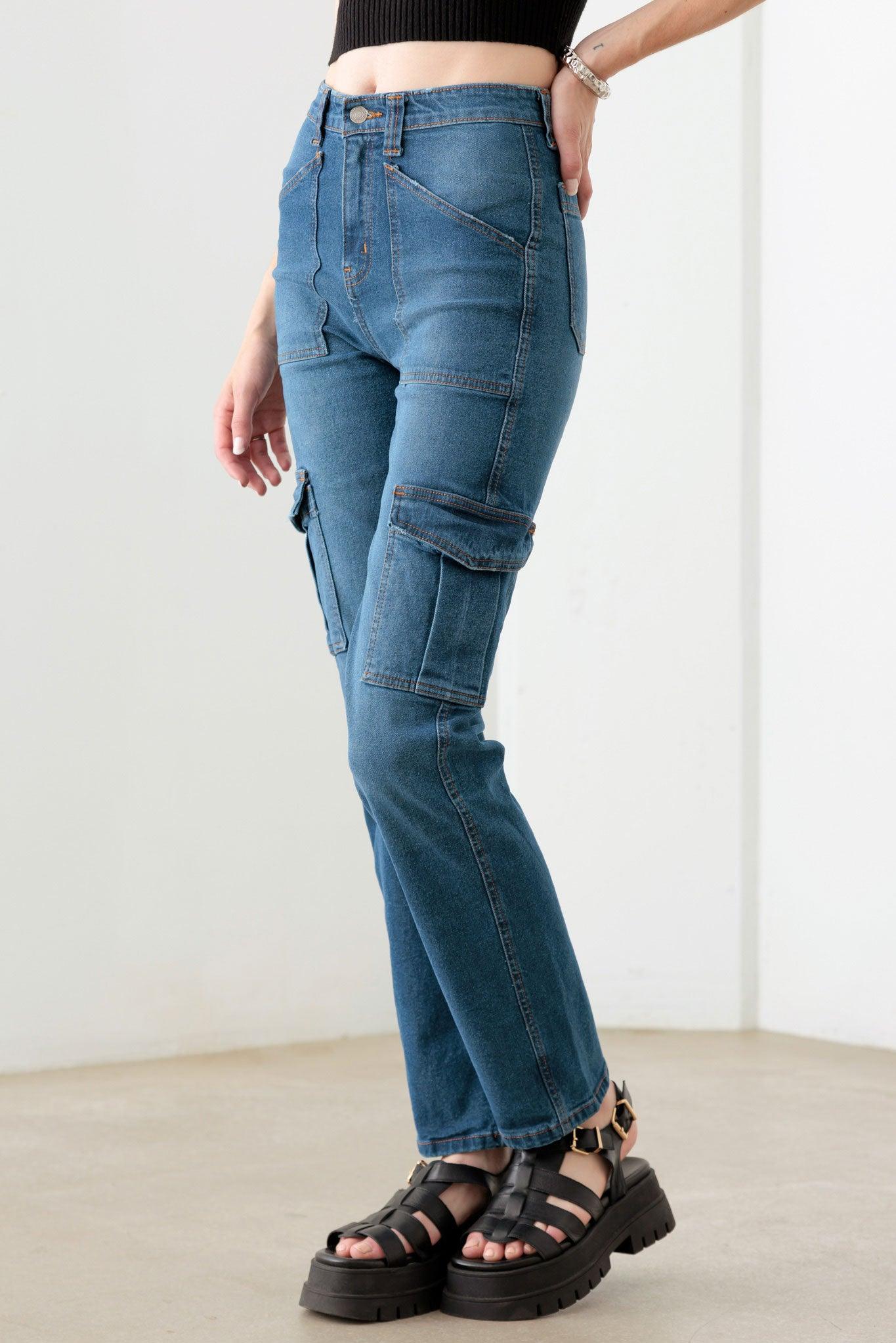 Blue High Rise Wide Cargo Jeans - Tasha Apparel Wholesale