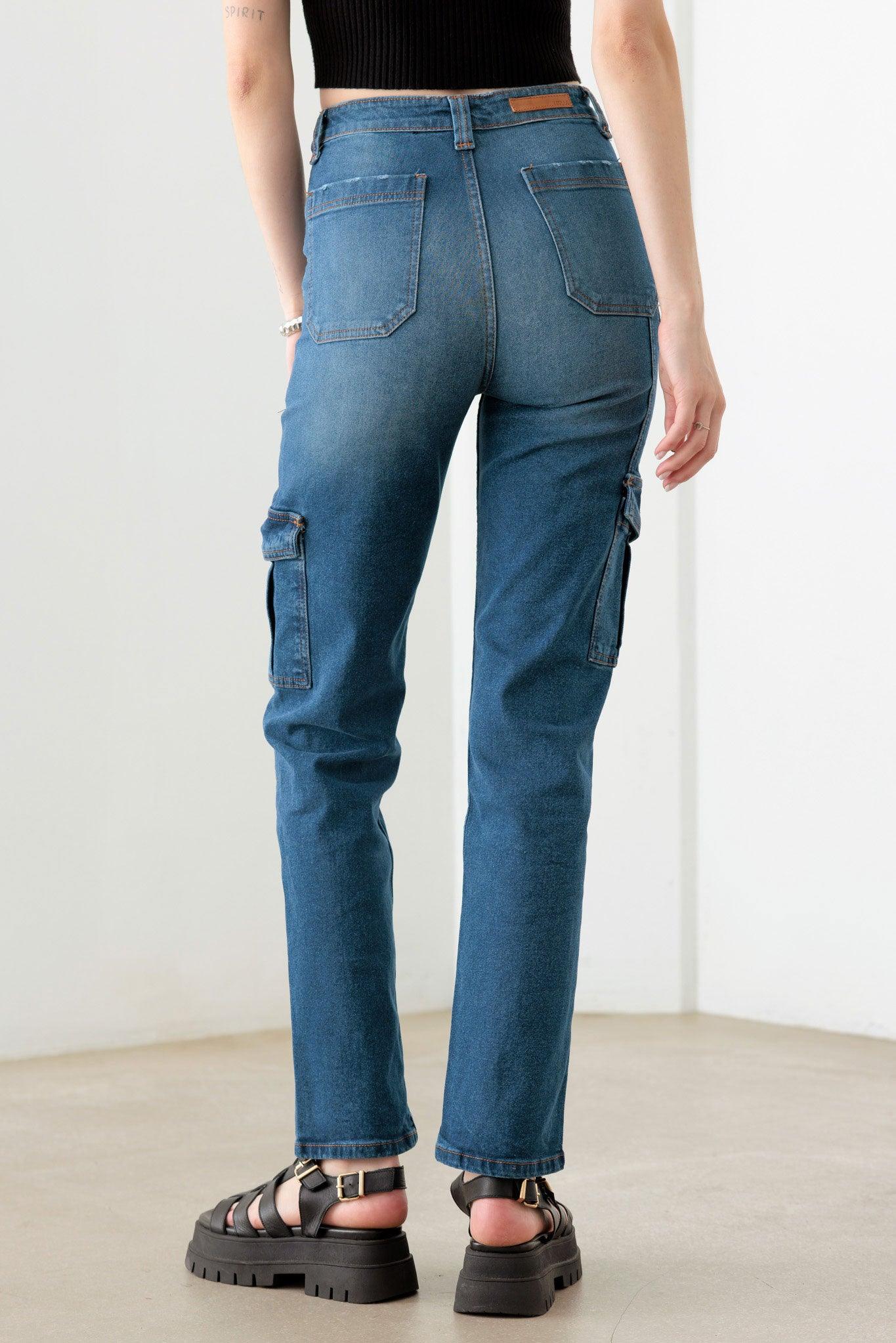 Blue High Rise Wide Cargo Jeans - Tasha Apparel Wholesale