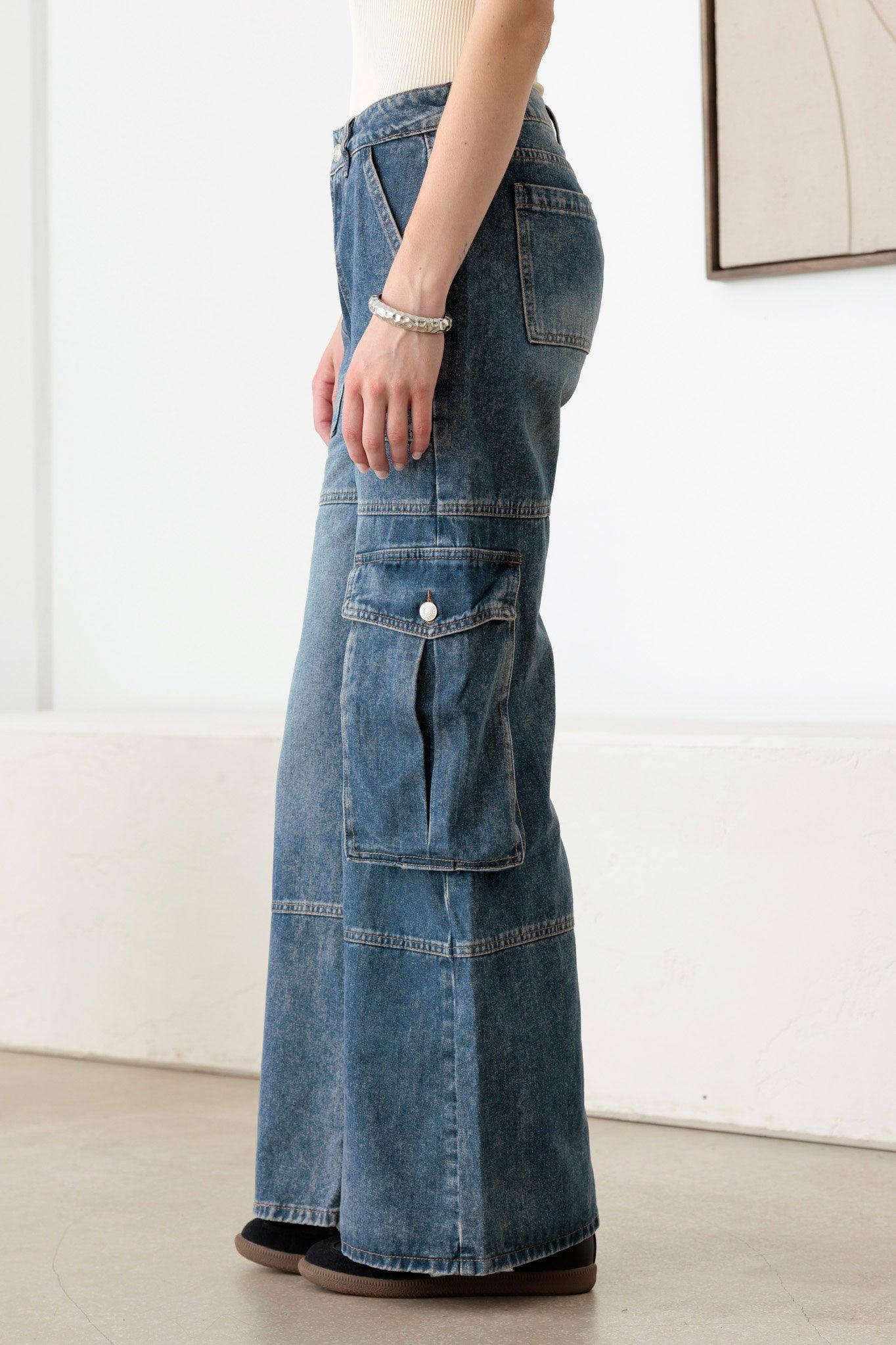 Medium Blue Vintage Wide Leg Cargo Denim Jeans - Tasha Apparel Wholesale