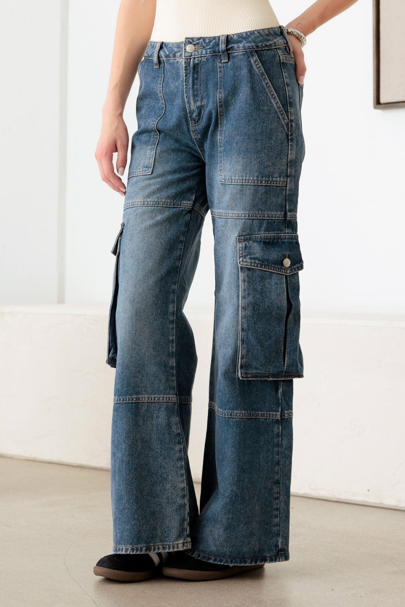 Medium Blue Vintage Wide Leg Cargo Denim Jeans - Tasha Apparel Wholesale