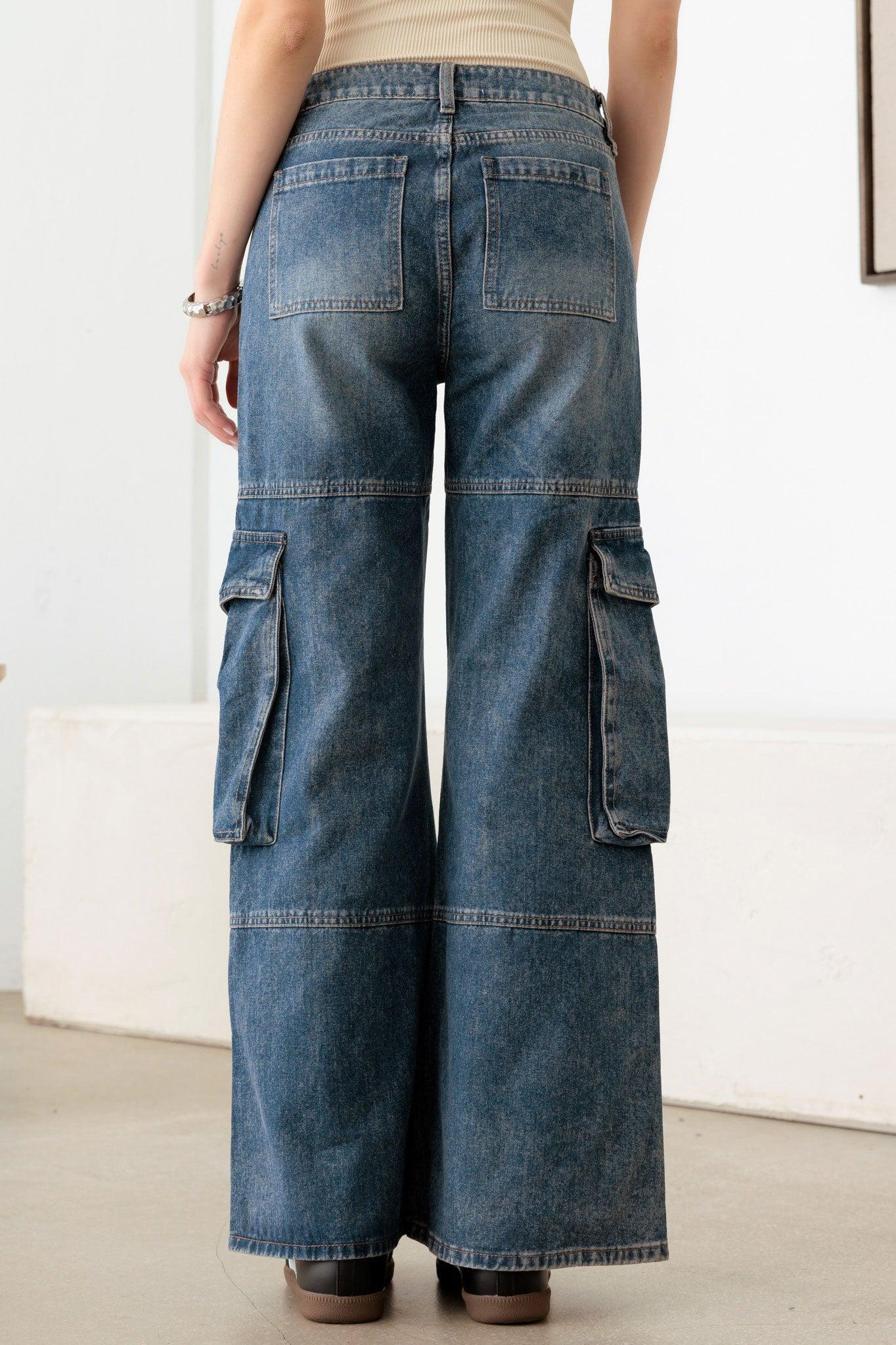 Medium Blue Vintage Wide Leg Cargo Denim Jeans - Tasha Apparel Wholesale