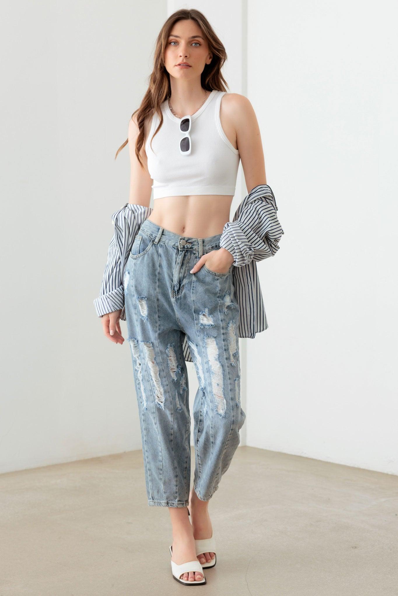 Light Blue Wash Barrel Leg High Waist Distressed Jeans - Tasha Apparel Wholesale