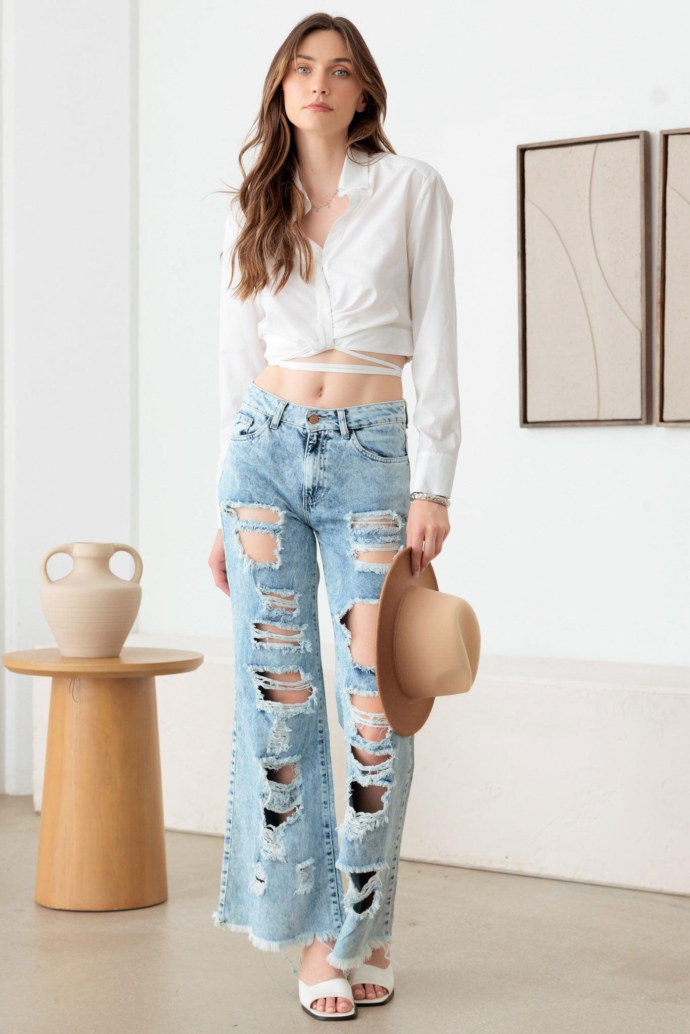 Distressed Flare Denim Jeans - Tasha Apparel Wholesale