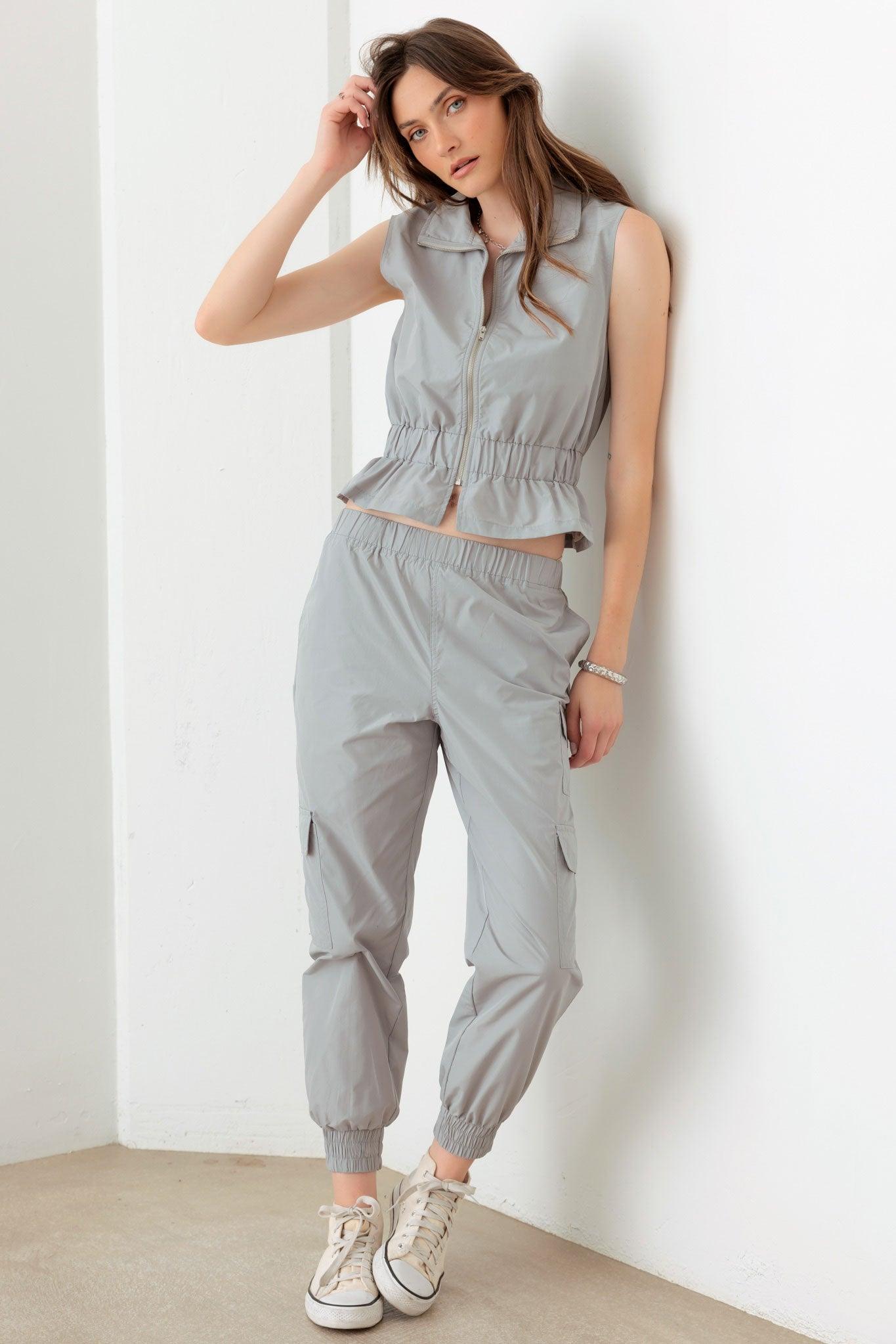 Grey Sleeveless Zipper Top Vest & Cargo Jogger Set - Tasha Apparel Wholesale