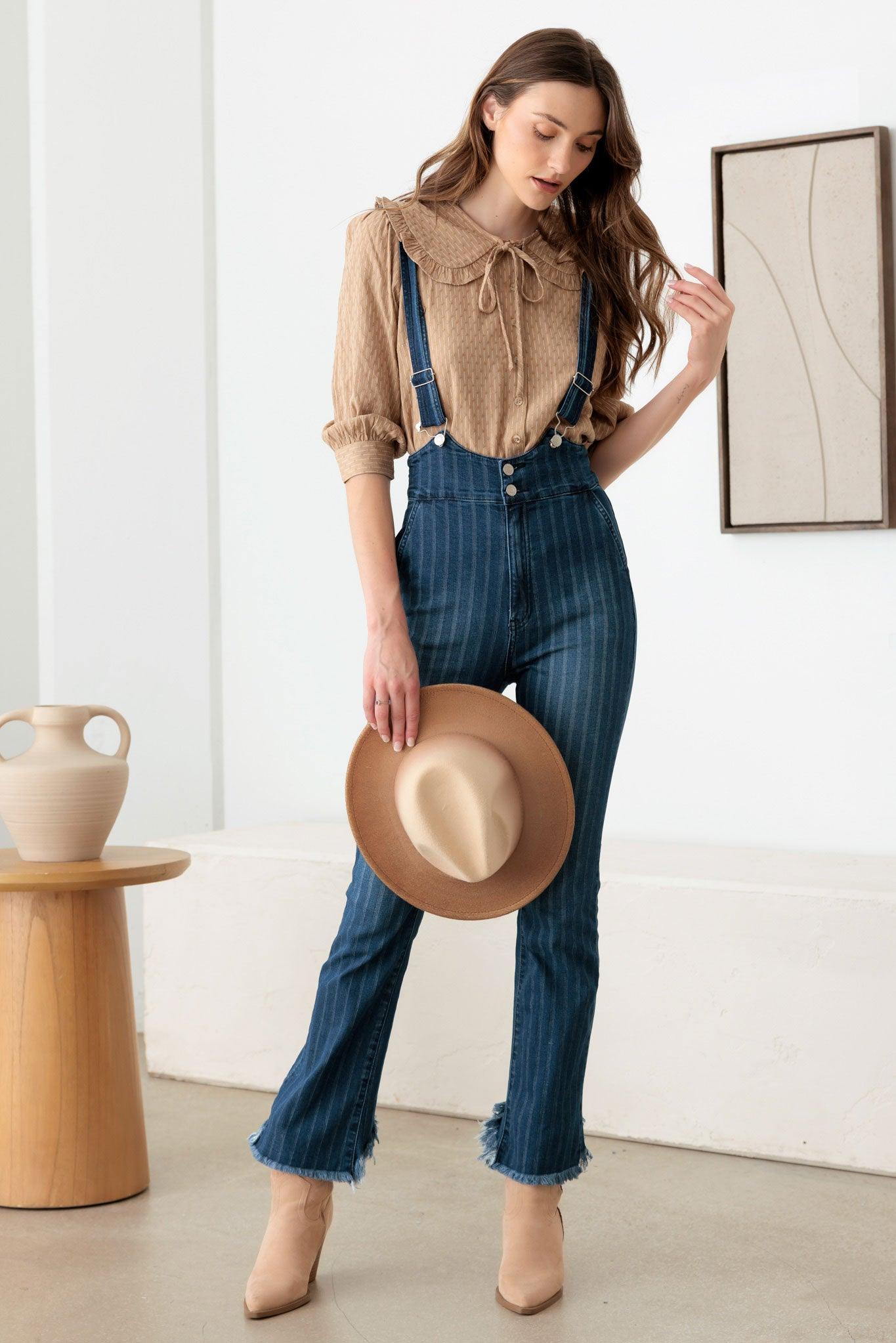 Striped Patter Stretched Suspender Denim Jumpsuit - Tasha Apparel Wholesale