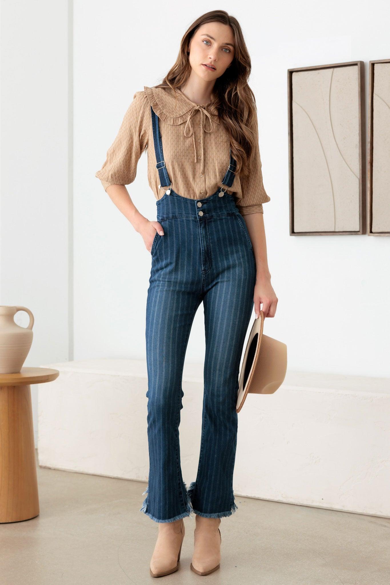 Striped Patter Stretched Suspender Denim Jumpsuit - Tasha Apparel Wholesale