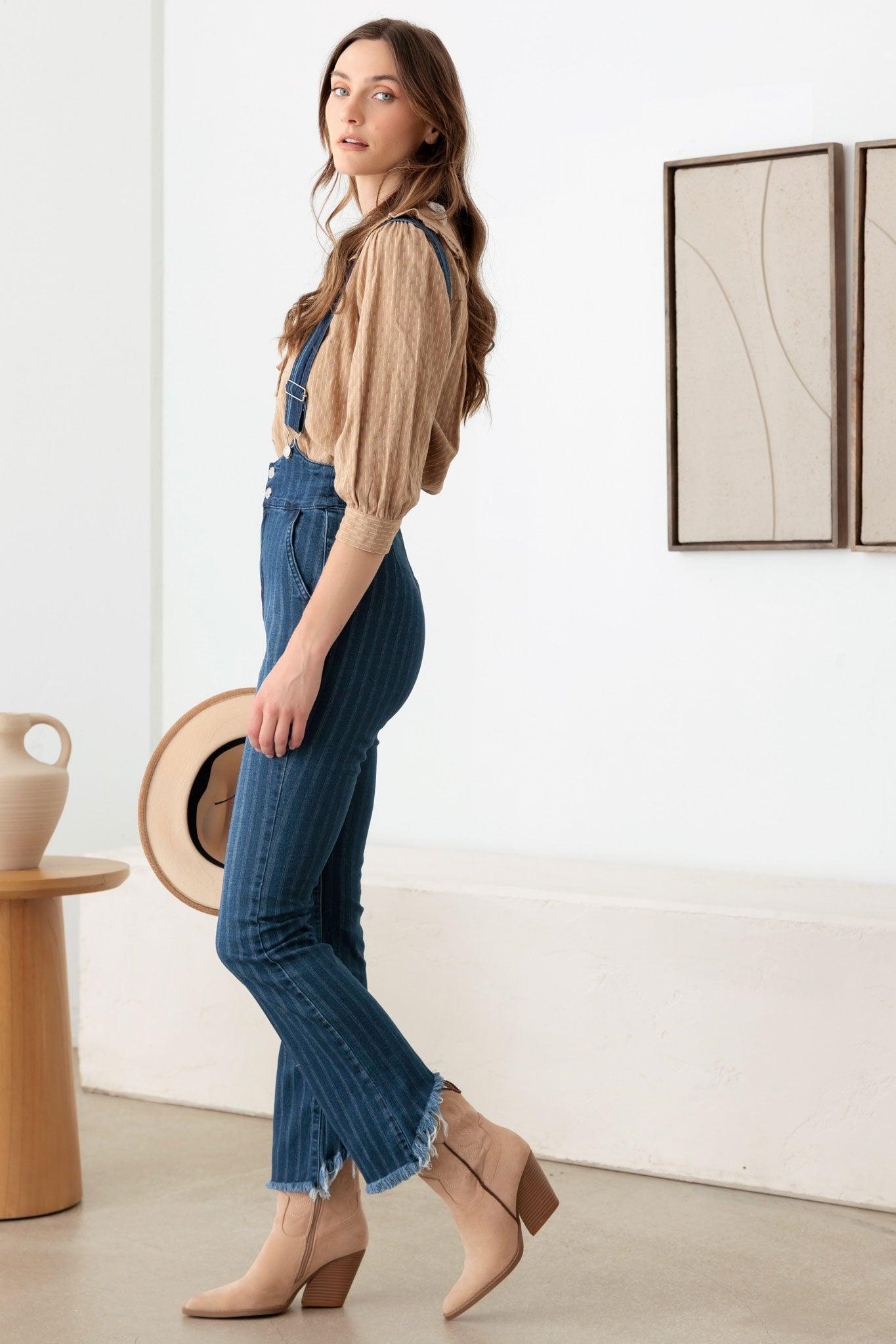 Striped Patter Stretched Suspender Denim Jumpsuit - Tasha Apparel Wholesale