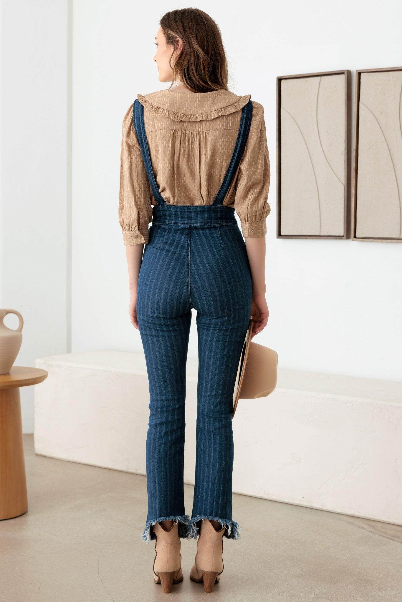 Striped Patter Stretched Suspender Denim Jumpsuit - Tasha Apparel Wholesale