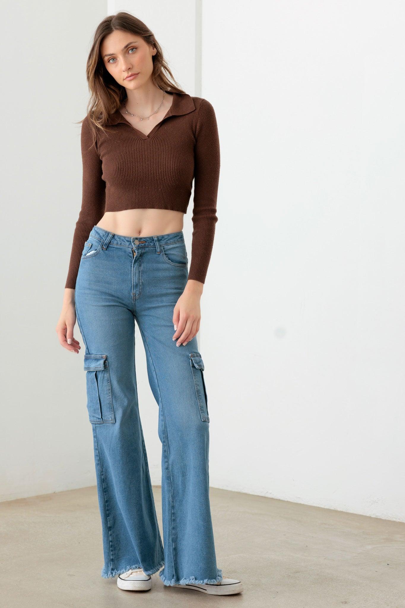 Wide Leg Casual Cargo Jeans - Tasha Apparel Wholesale