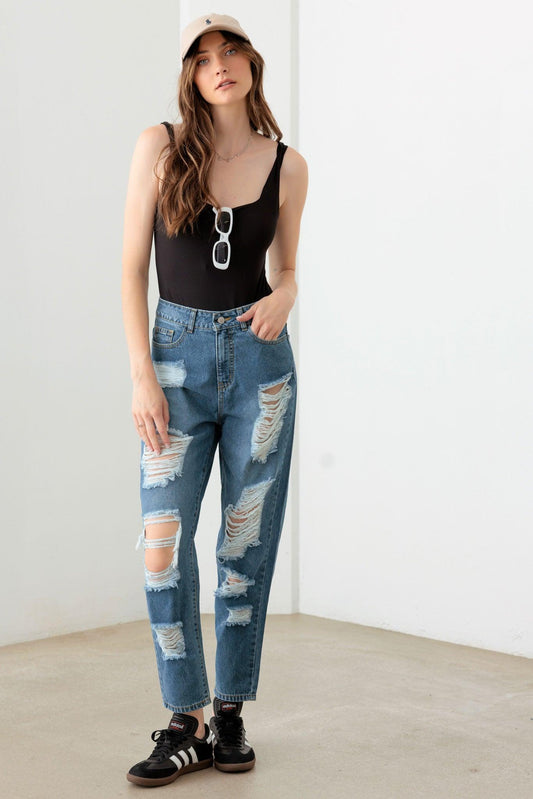 Destroyed Mom Style Fit Jeans - Tasha Apparel Wholesale