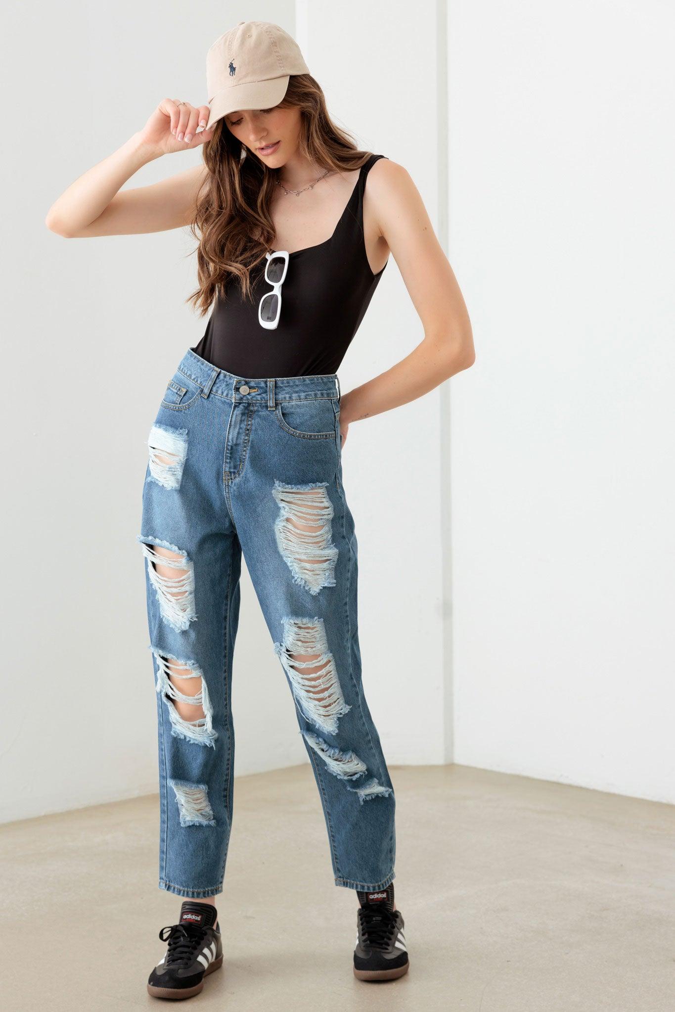 Destroyed Mom Style Fit Jeans - Tasha Apparel Wholesale