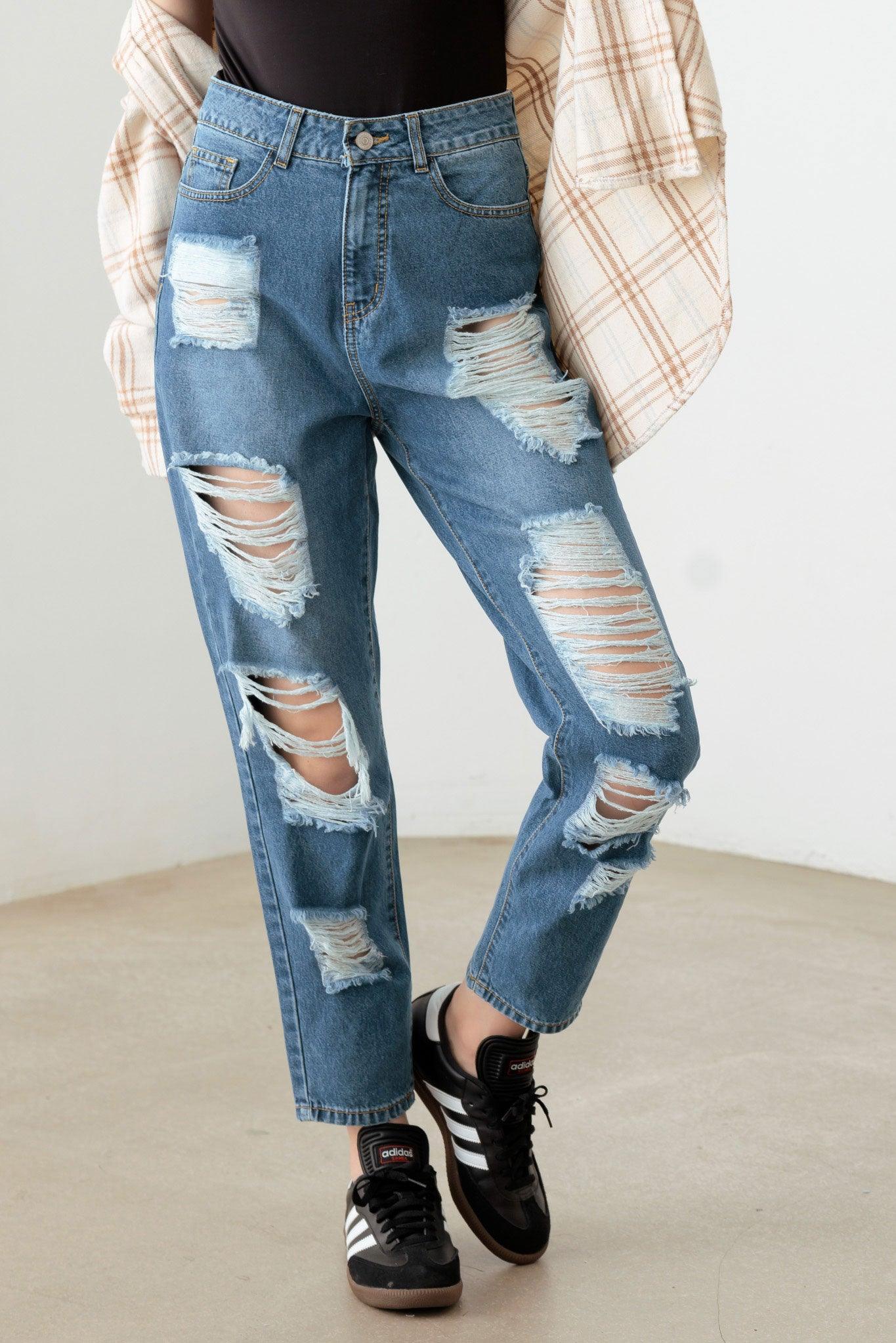 Destroyed Mom Style Fit Jeans - Tasha Apparel Wholesale