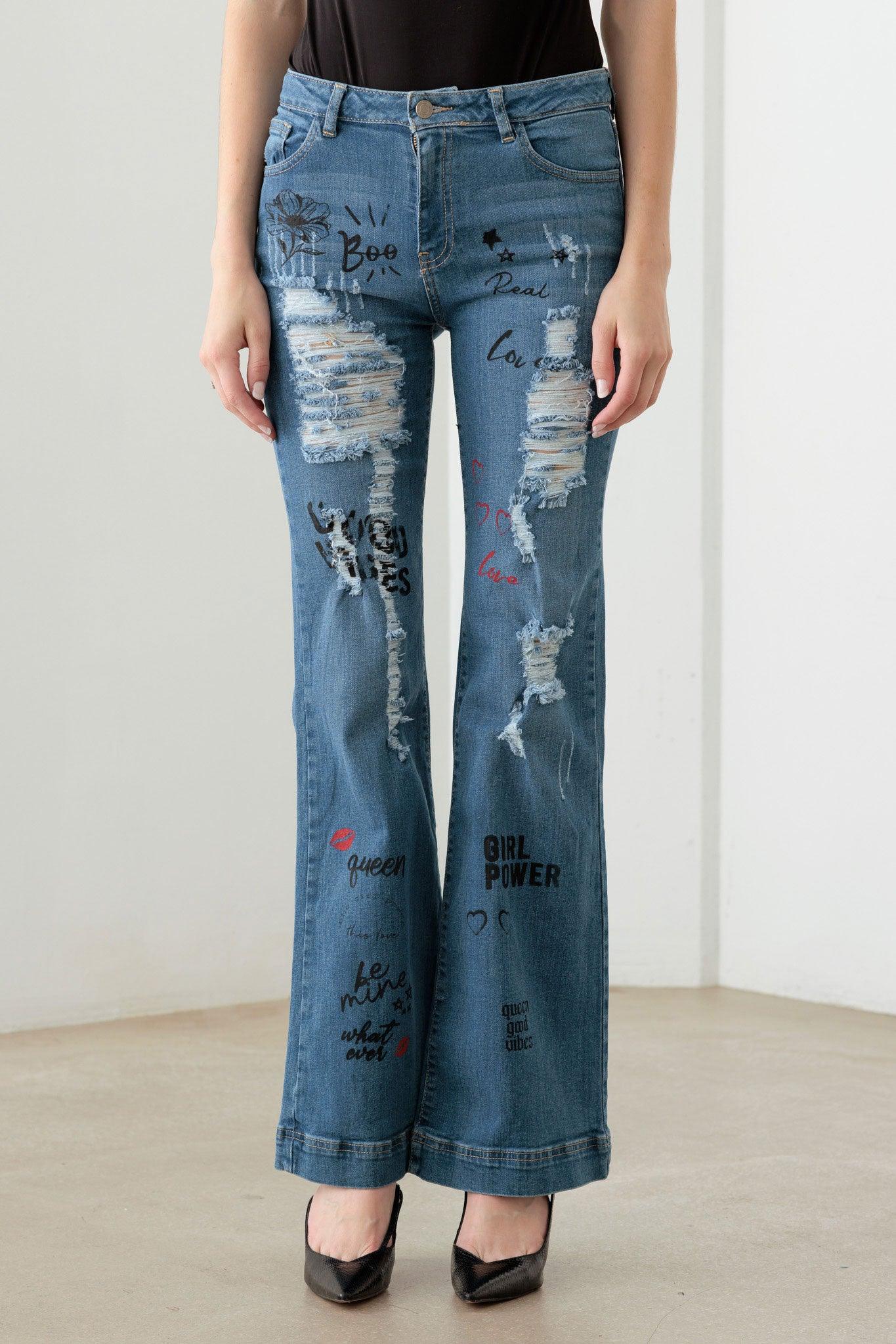 Blue Mid Waist Slogan Graphic Print Flare Jeans - Tasha Apparel Wholesale