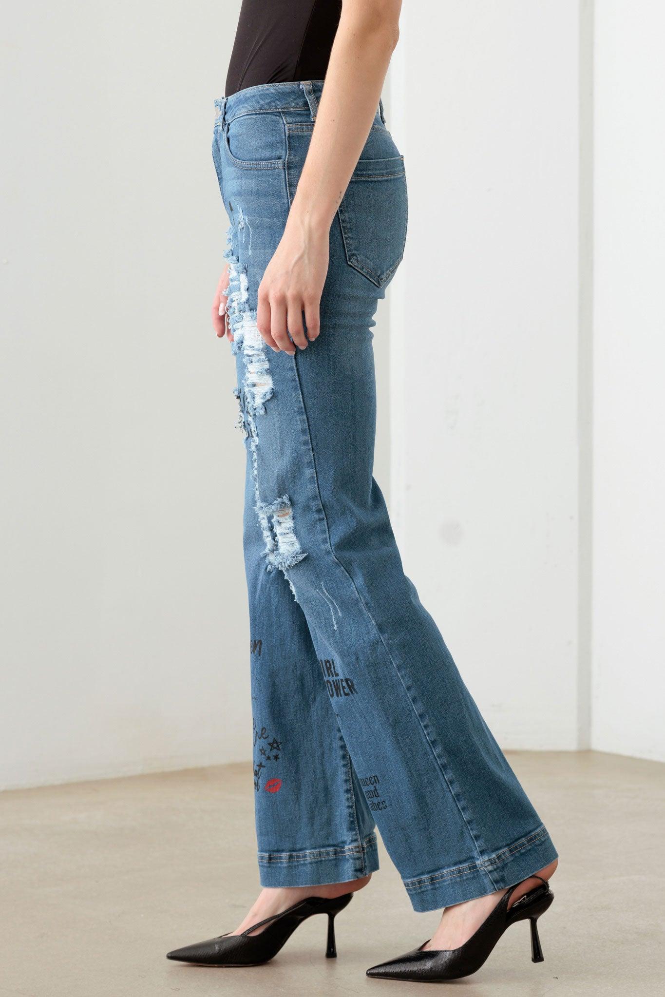 Blue Mid Waist Slogan Graphic Print Flare Jeans - Tasha Apparel Wholesale