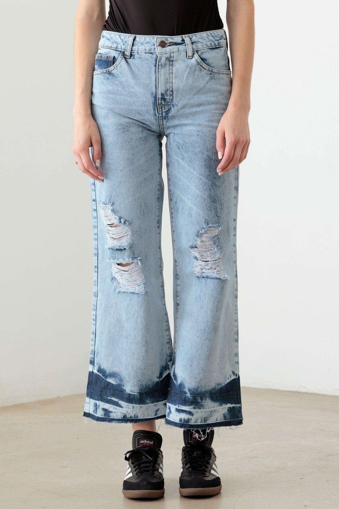 Blue Acid Washed Destroyed Cropped Jeans - Tasha Apparel Wholesale