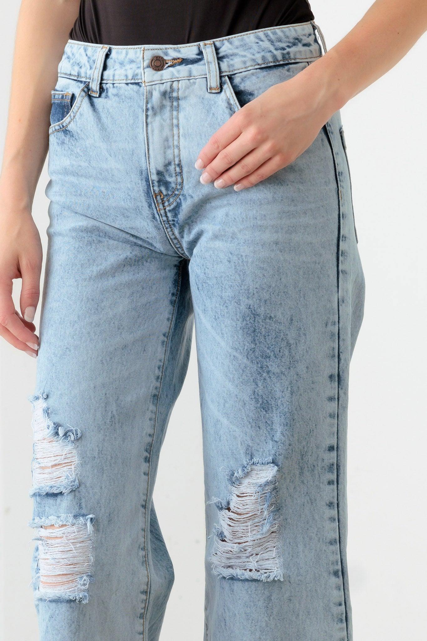 Blue Acid Washed Destroyed Cropped Jeans - Tasha Apparel Wholesale