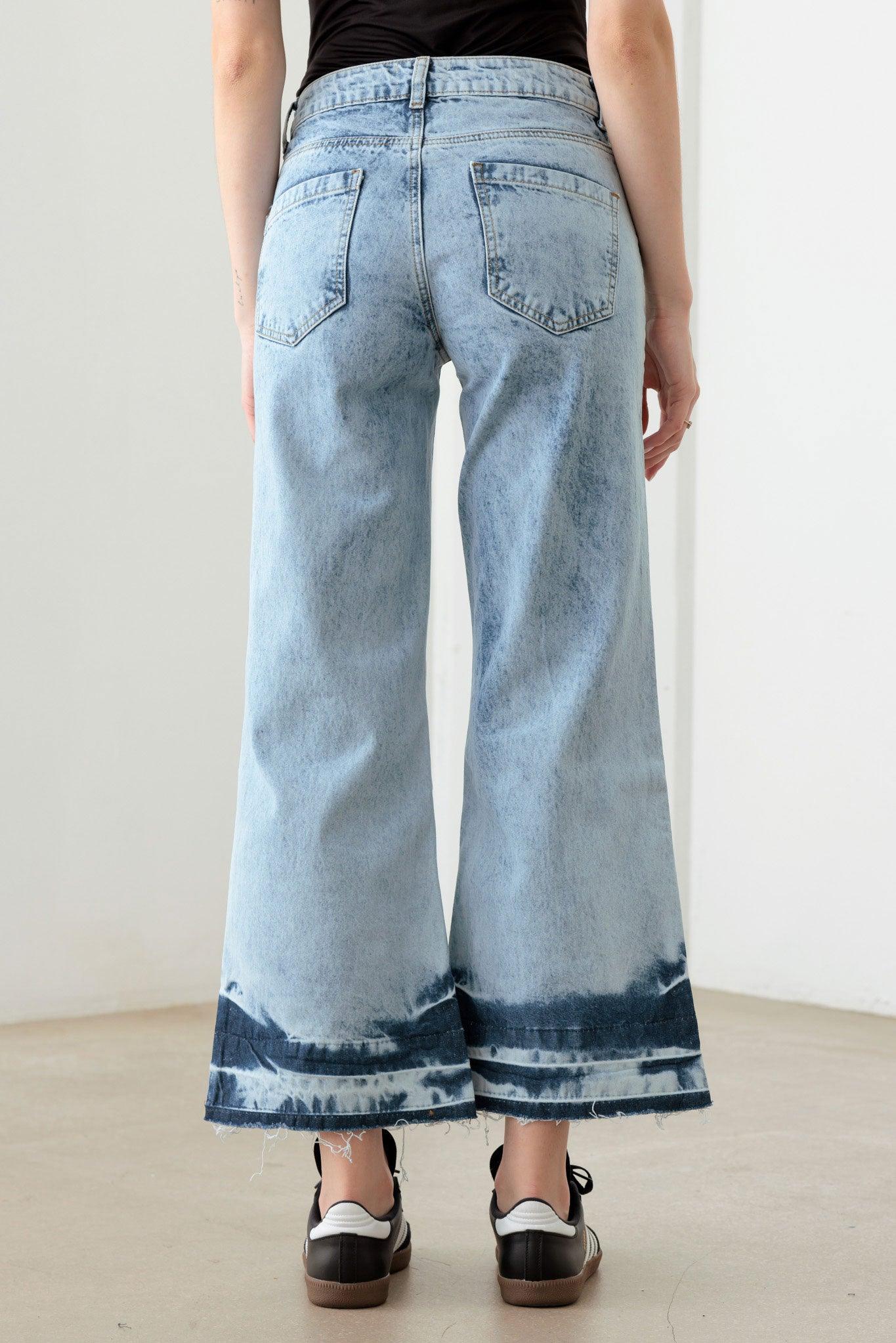 Blue Acid Washed Destroyed Cropped Jeans - Tasha Apparel Wholesale