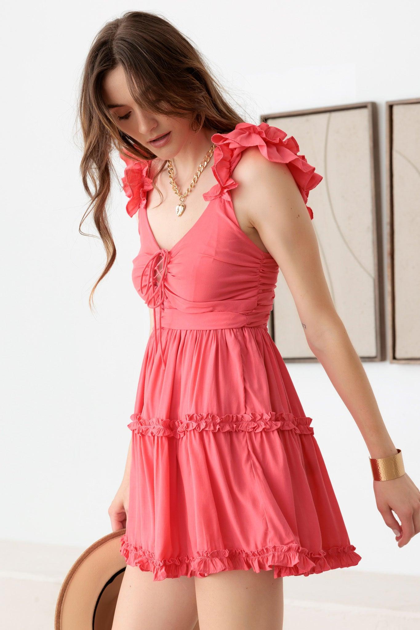 Tied Bust Ruffle Detail Tiered Mini Dress - Tasha Apparel Wholesale